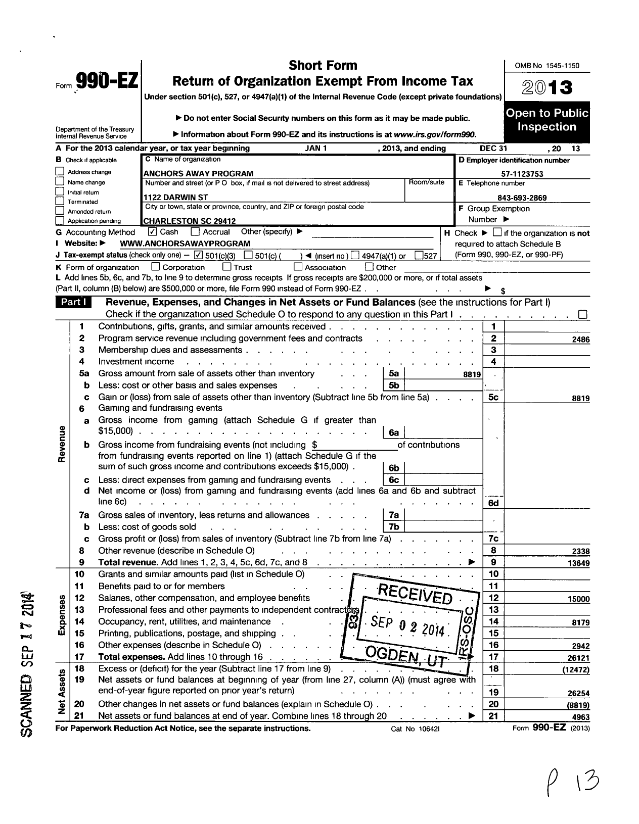 Image of first page of 2013 Form 990EZ for Anchors Away Program