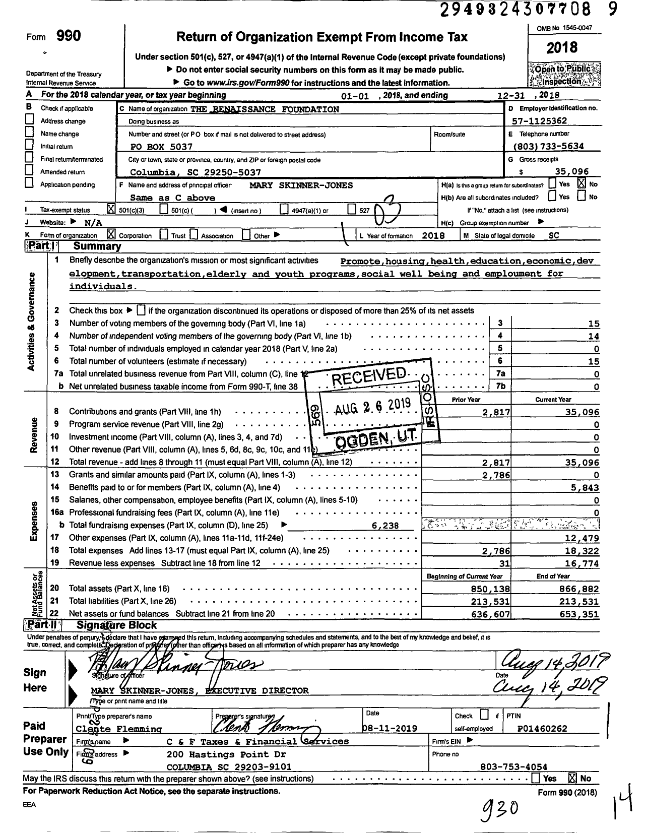 Image of first page of 2018 Form 990 for Renaissance Foundation