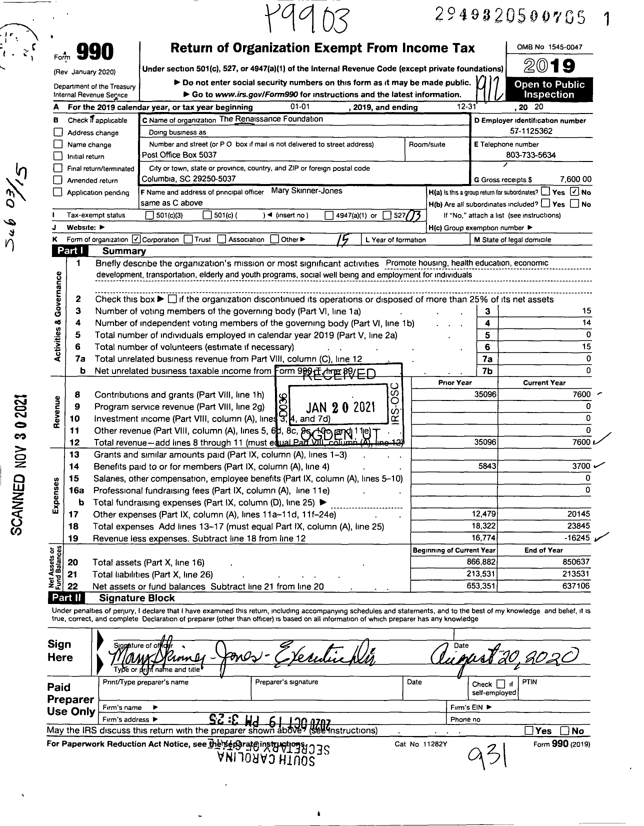 Image of first page of 2019 Form 990 for Renaissance Foundation