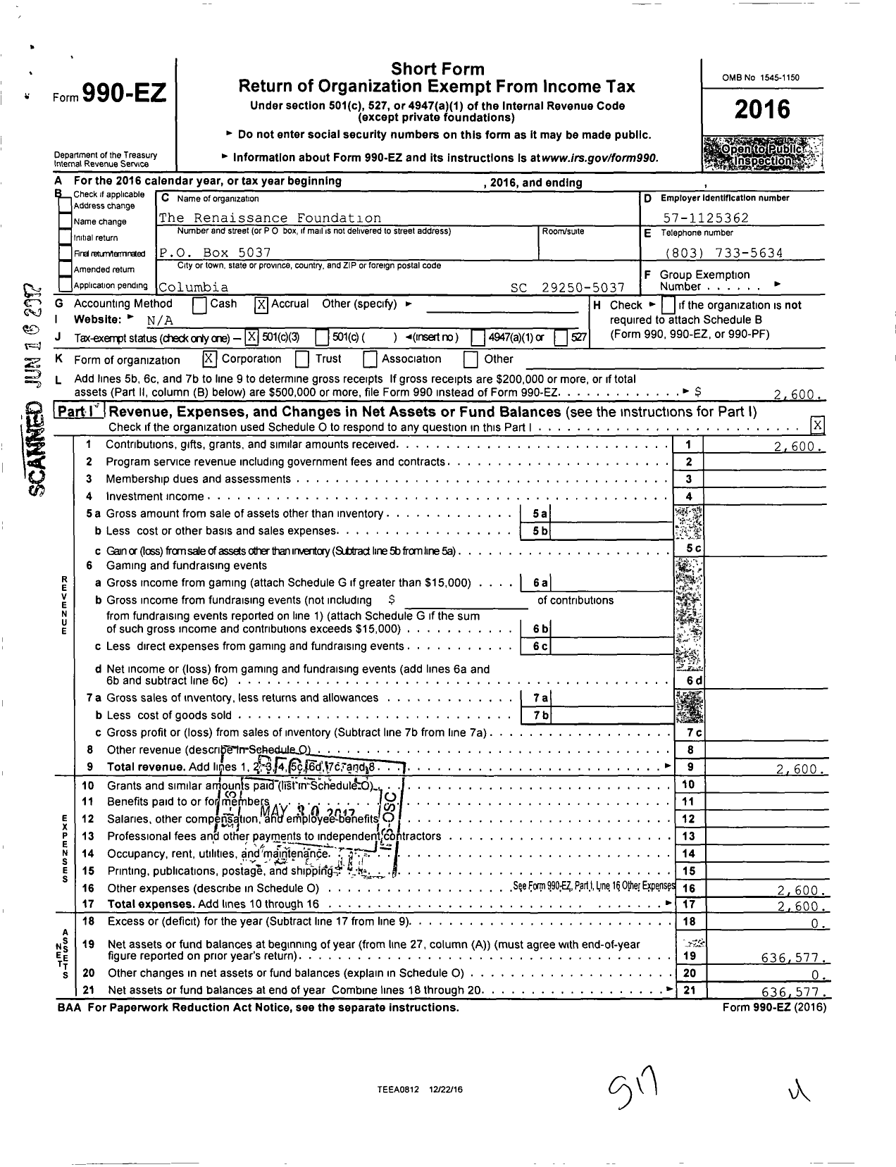 Image of first page of 2016 Form 990EZ for Renaissance Foundation