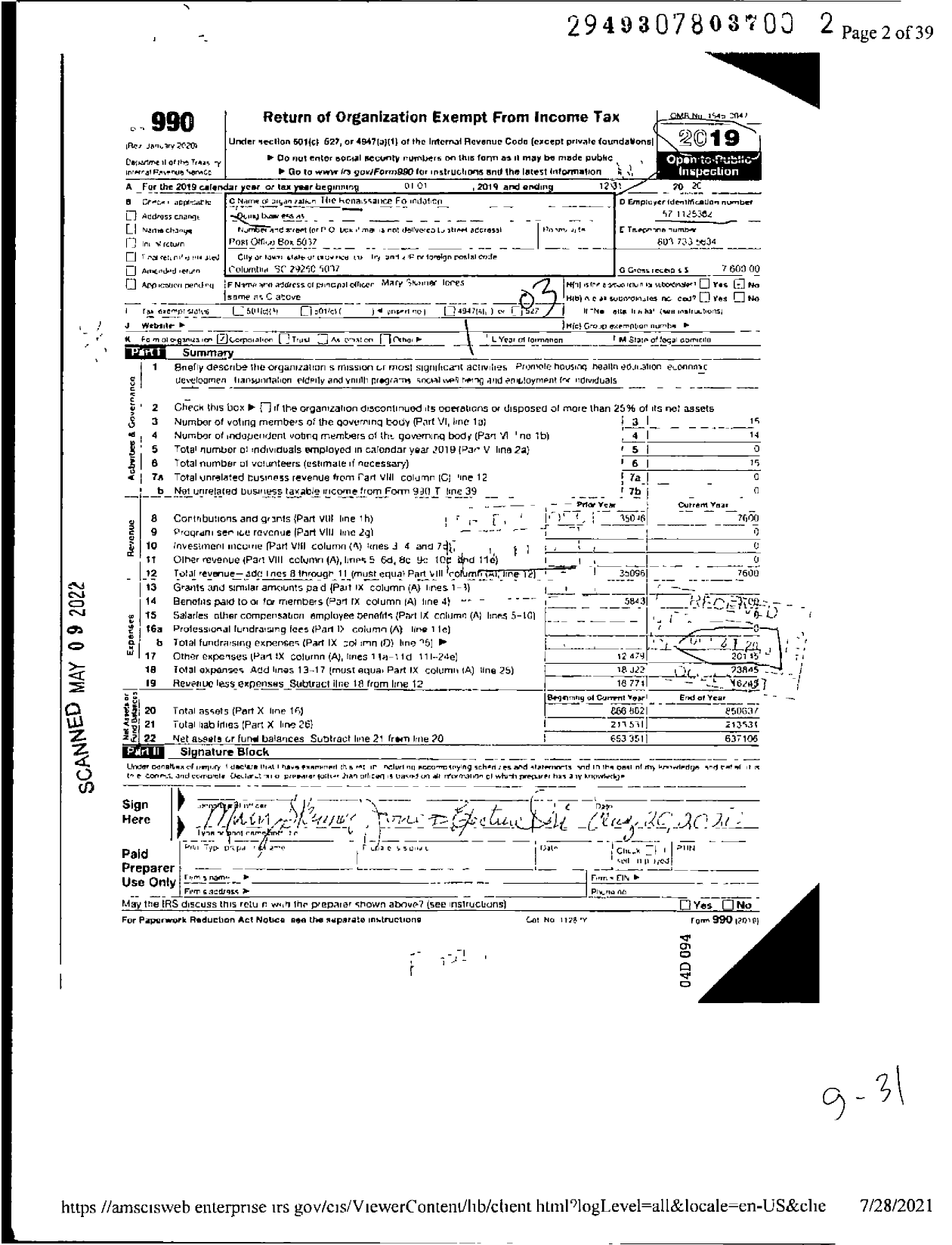 Image of first page of 2020 Form 990 for Renaissance Foundation