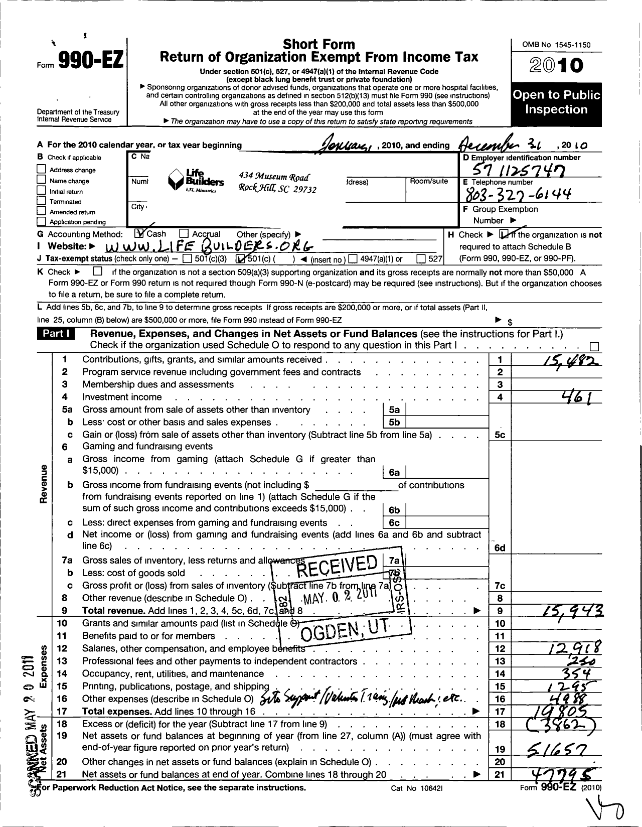 Image of first page of 2010 Form 990EO for Life Builders Esl Ministry