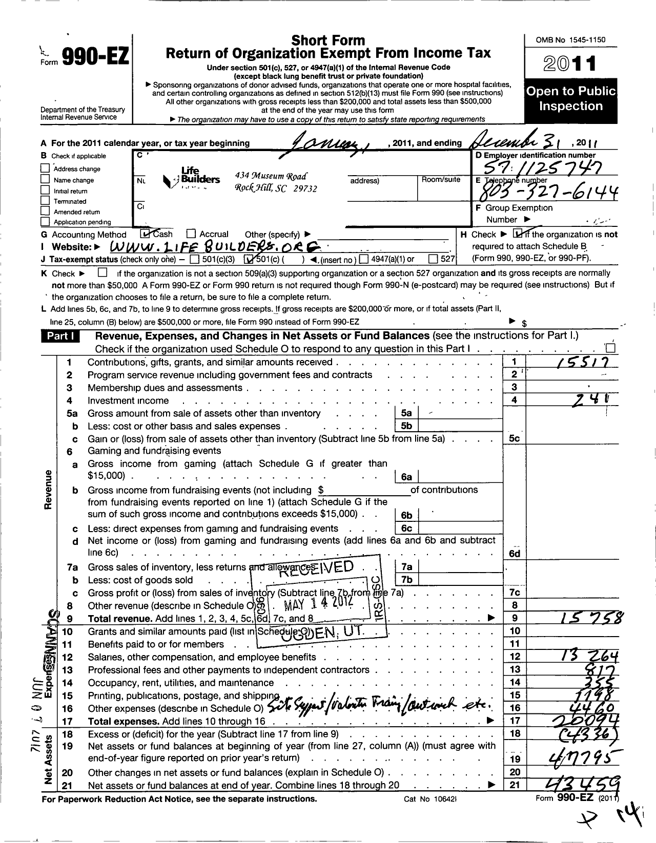 Image of first page of 2011 Form 990EO for Life Builders Esl Ministry