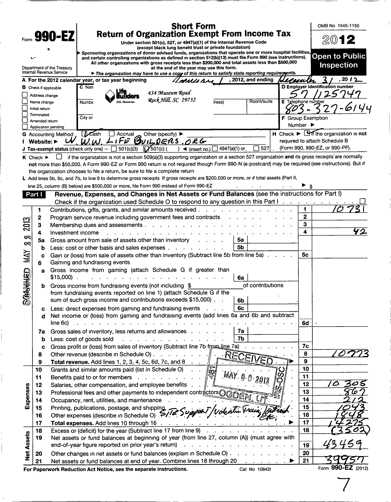 Image of first page of 2012 Form 990EO for Life Builders Esl Ministry