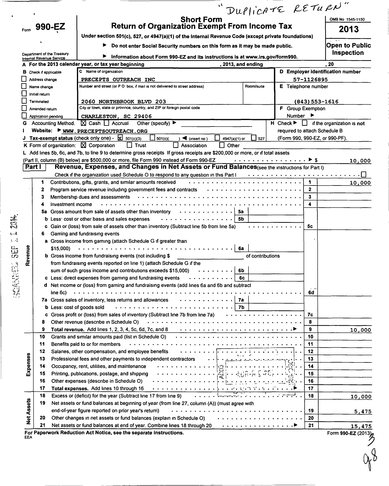 Image of first page of 2013 Form 990EZ for Precepts Outreach