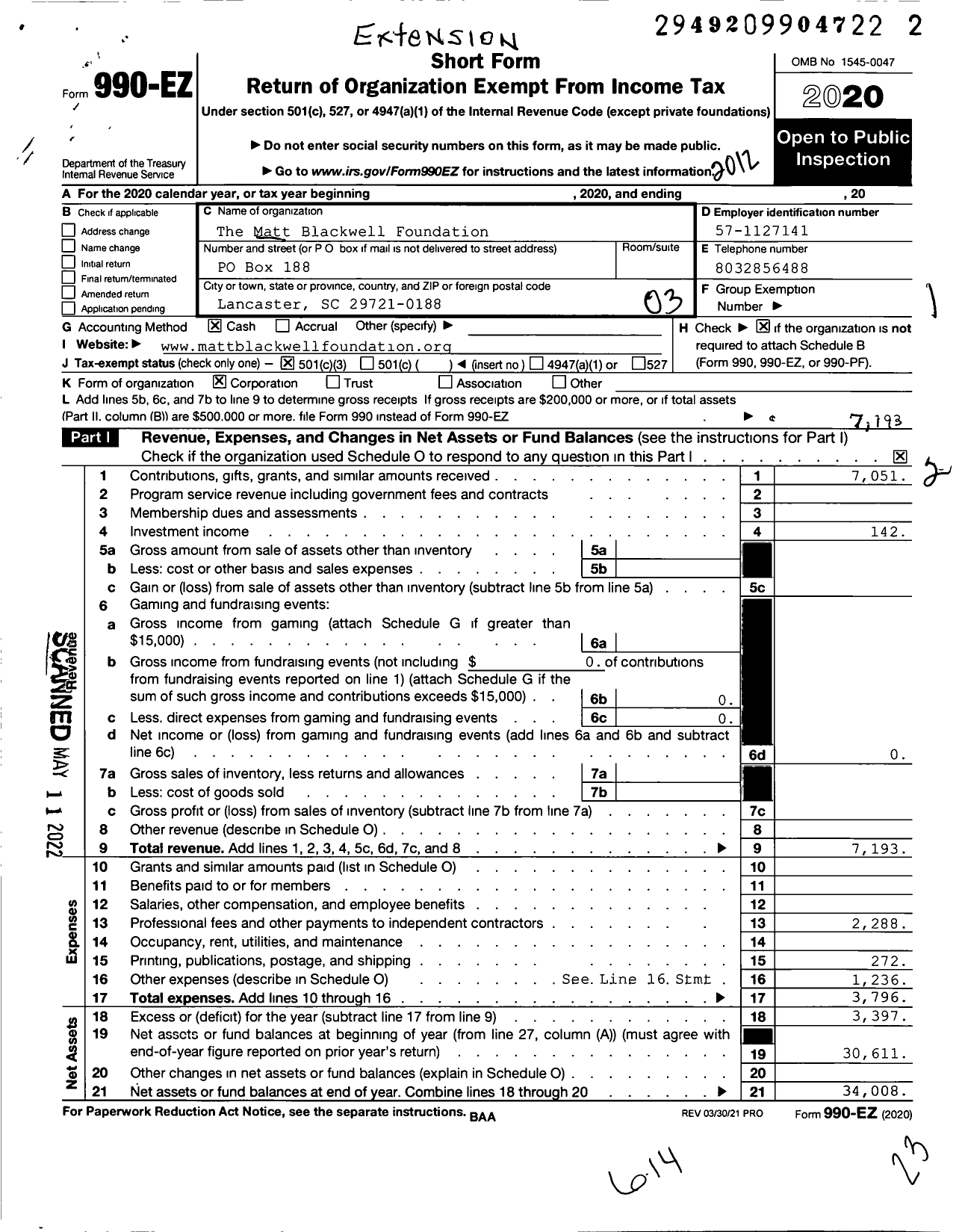 Image of first page of 2020 Form 990EZ for Matt Blackwell Foundation