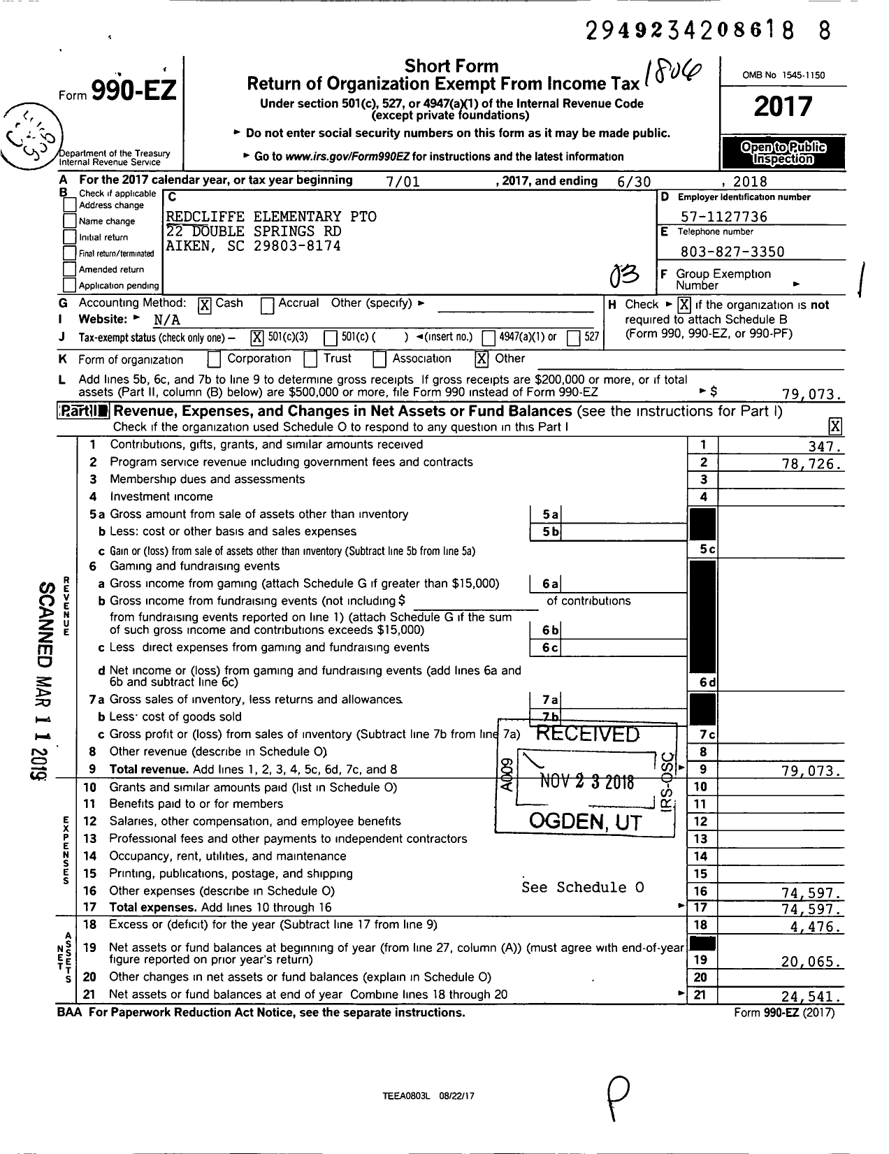 Image of first page of 2017 Form 990EZ for REDCLIFFE ELEMEnTARY PTO