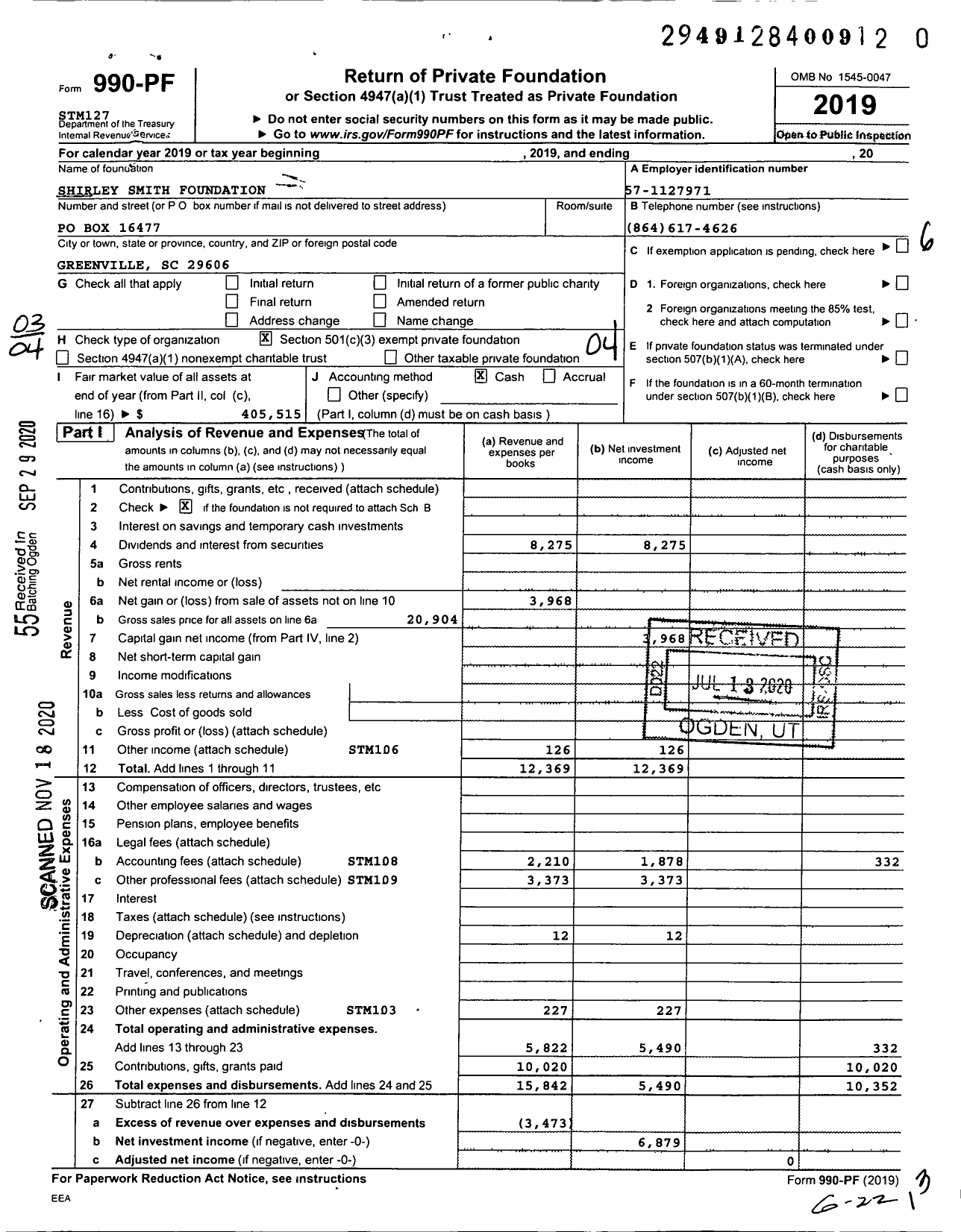 Image of first page of 2019 Form 990PF for Shirley Smith Foundation