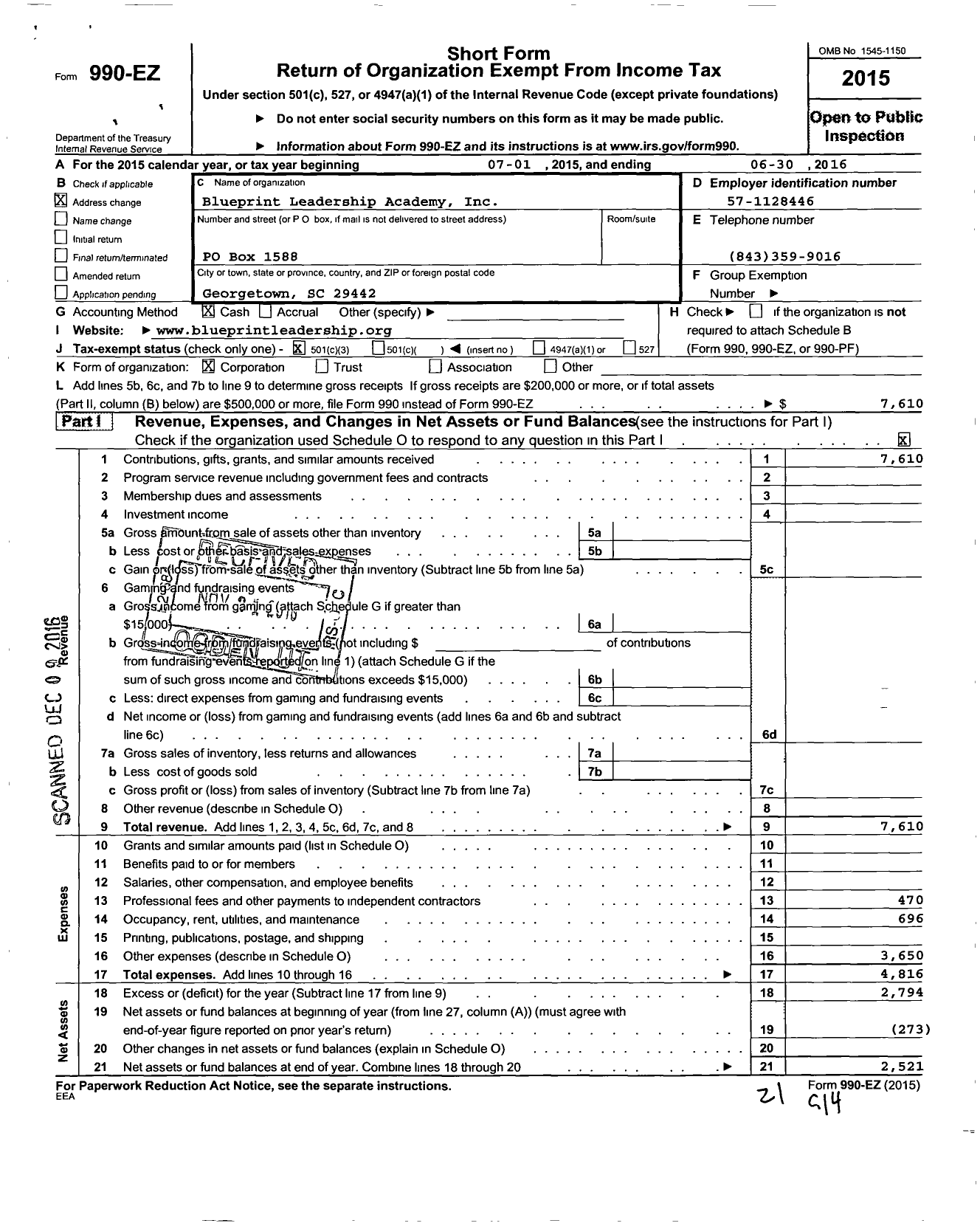 Image of first page of 2015 Form 990EZ for Blueprints Leadership Academy