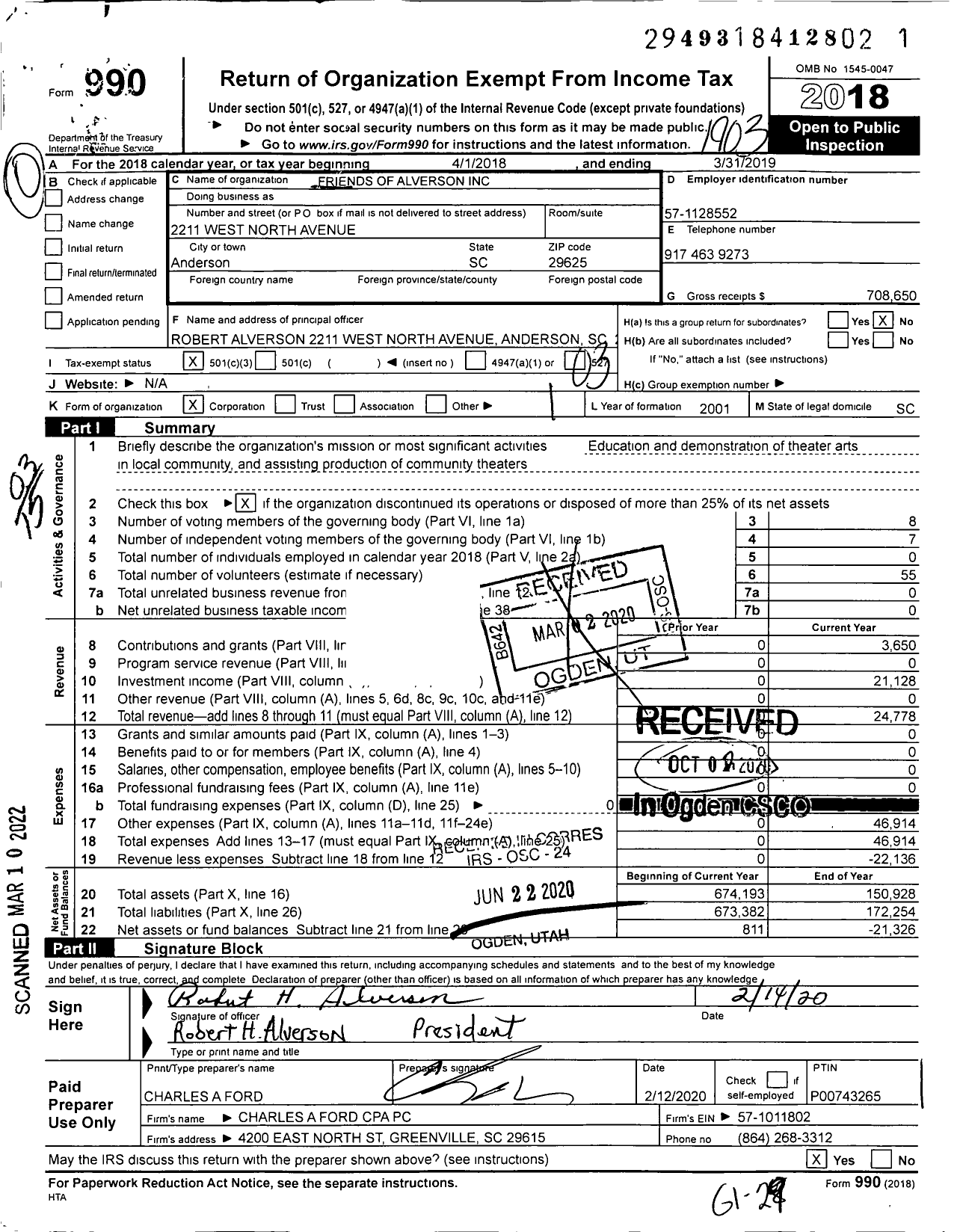 Image of first page of 2018 Form 990 for Friends of Alverson Center Theatre