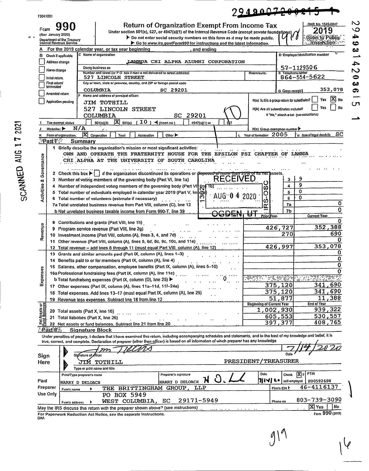 Image of first page of 2019 Form 990O for Lambda Chi Alpha Alumni Corporation