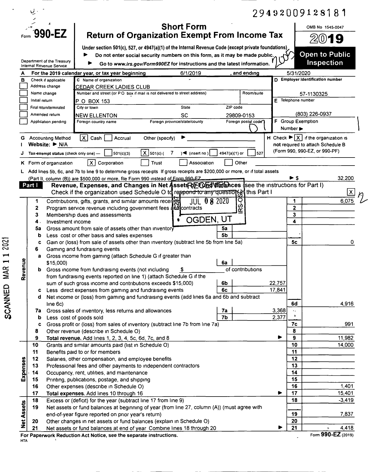 Image of first page of 2019 Form 990EO for Cedar Creek Ladies Club