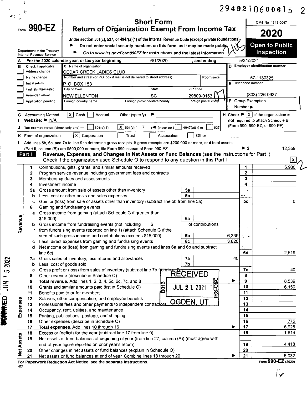 Image of first page of 2020 Form 990EO for Cedar Creek Ladies Club