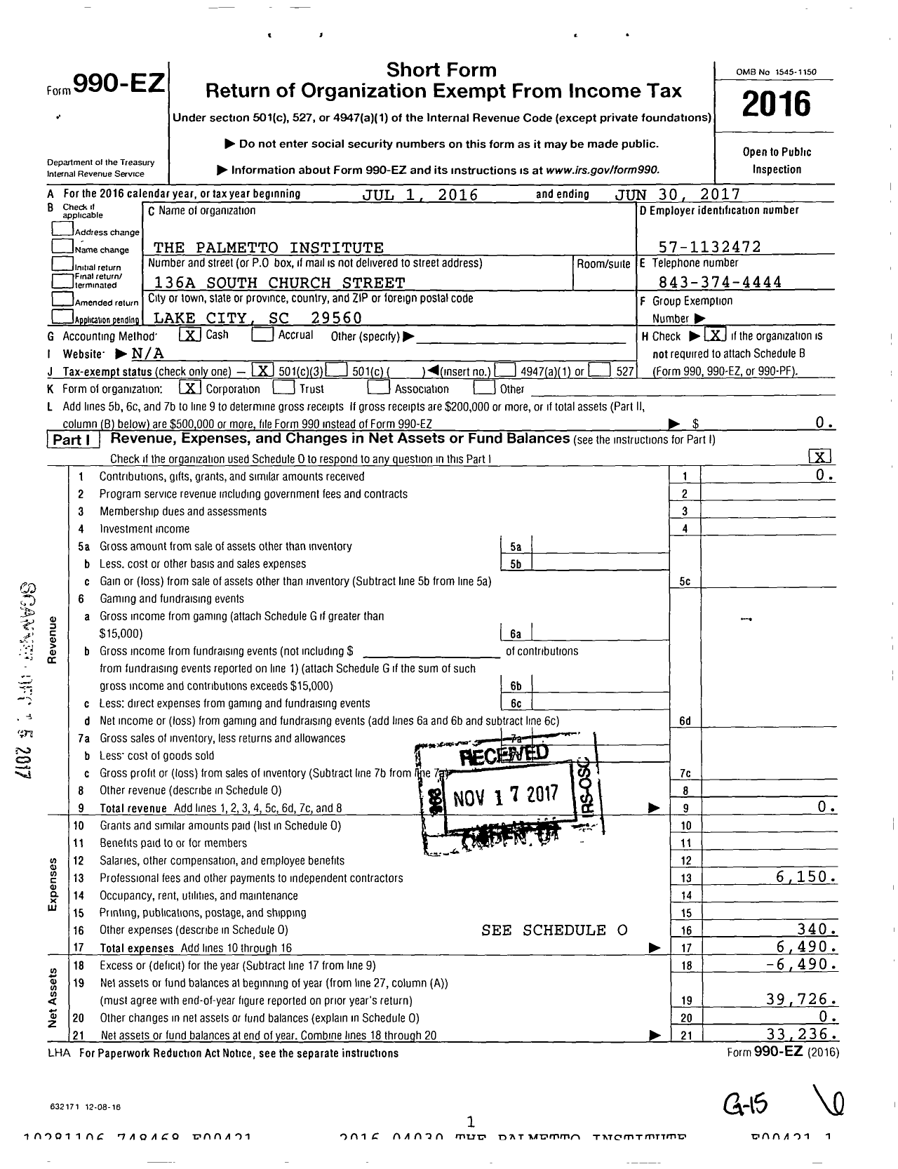 Image of first page of 2016 Form 990EZ for The Palmetto Institute