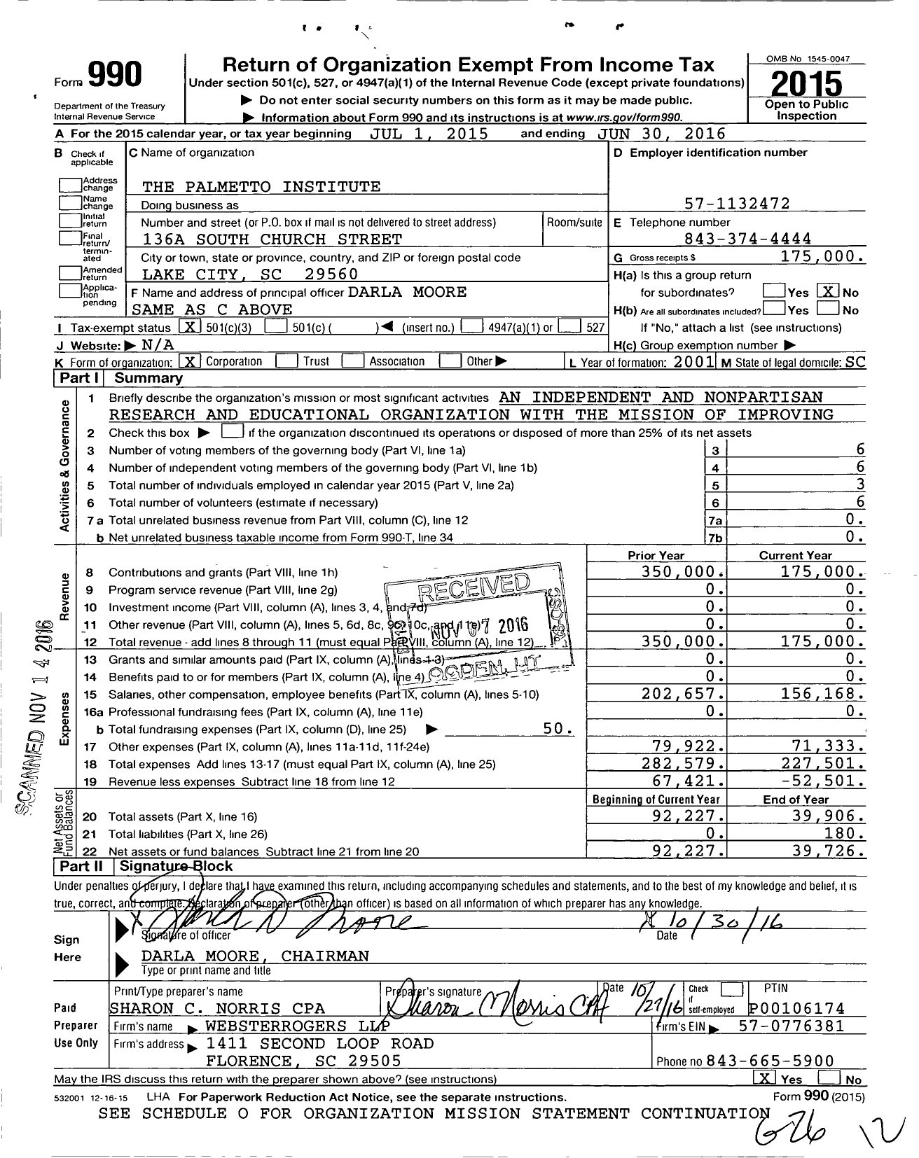 Image of first page of 2015 Form 990 for The Palmetto Institute