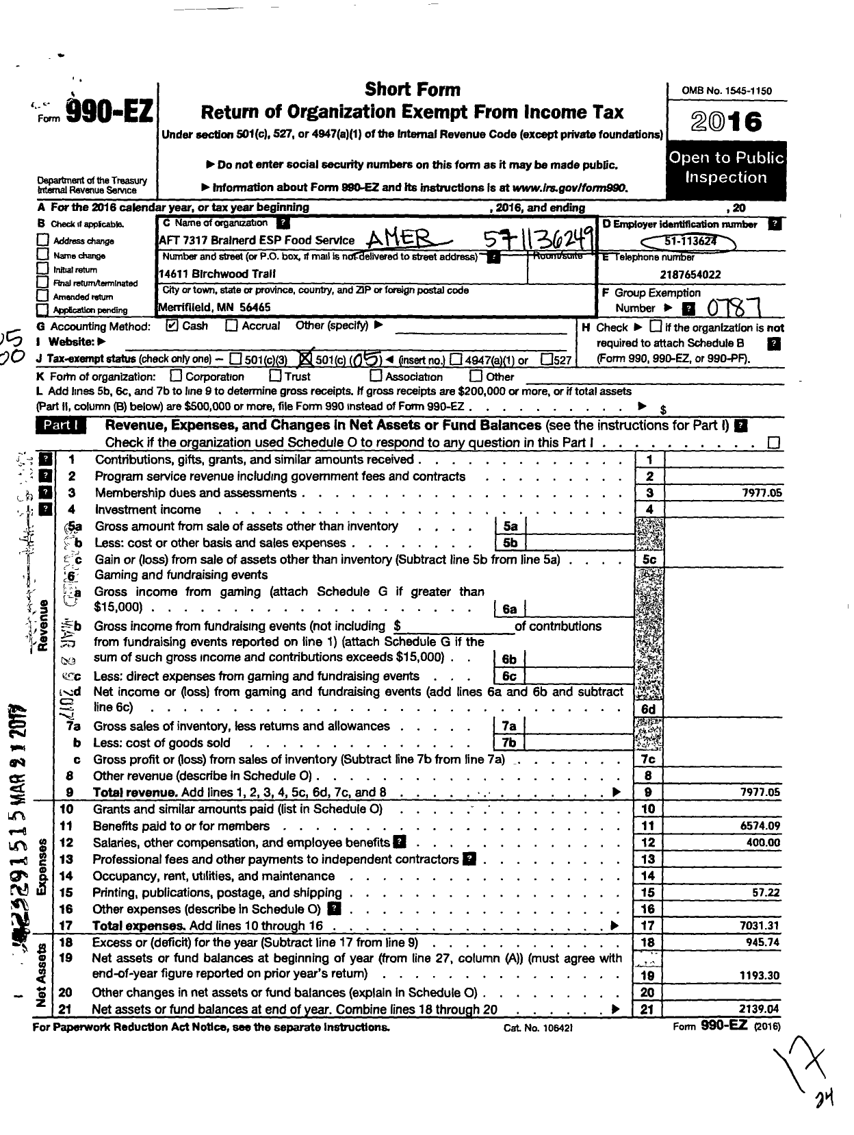 Image of first page of 2016 Form 990EO for American Federation of Teachers - 7317 Brainerd Esp Food Service