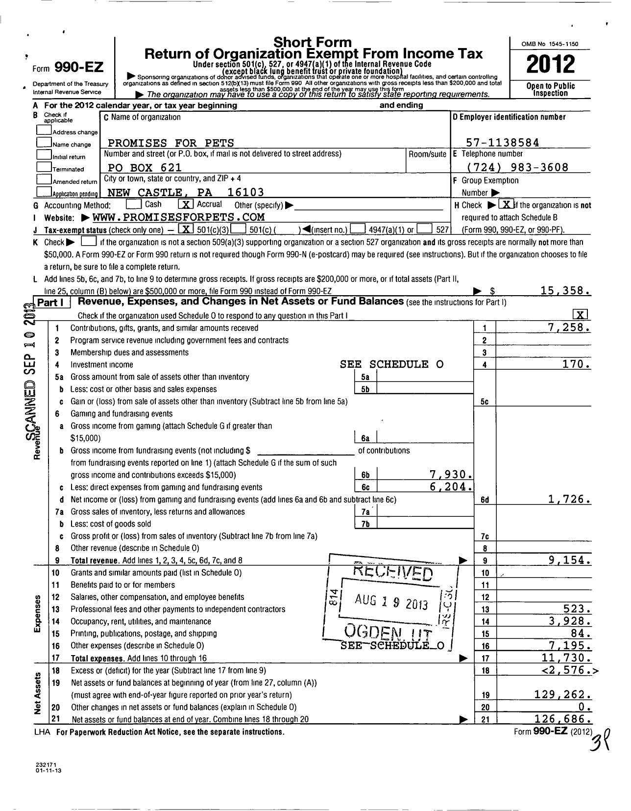 Image of first page of 2012 Form 990EZ for Promises for Pets