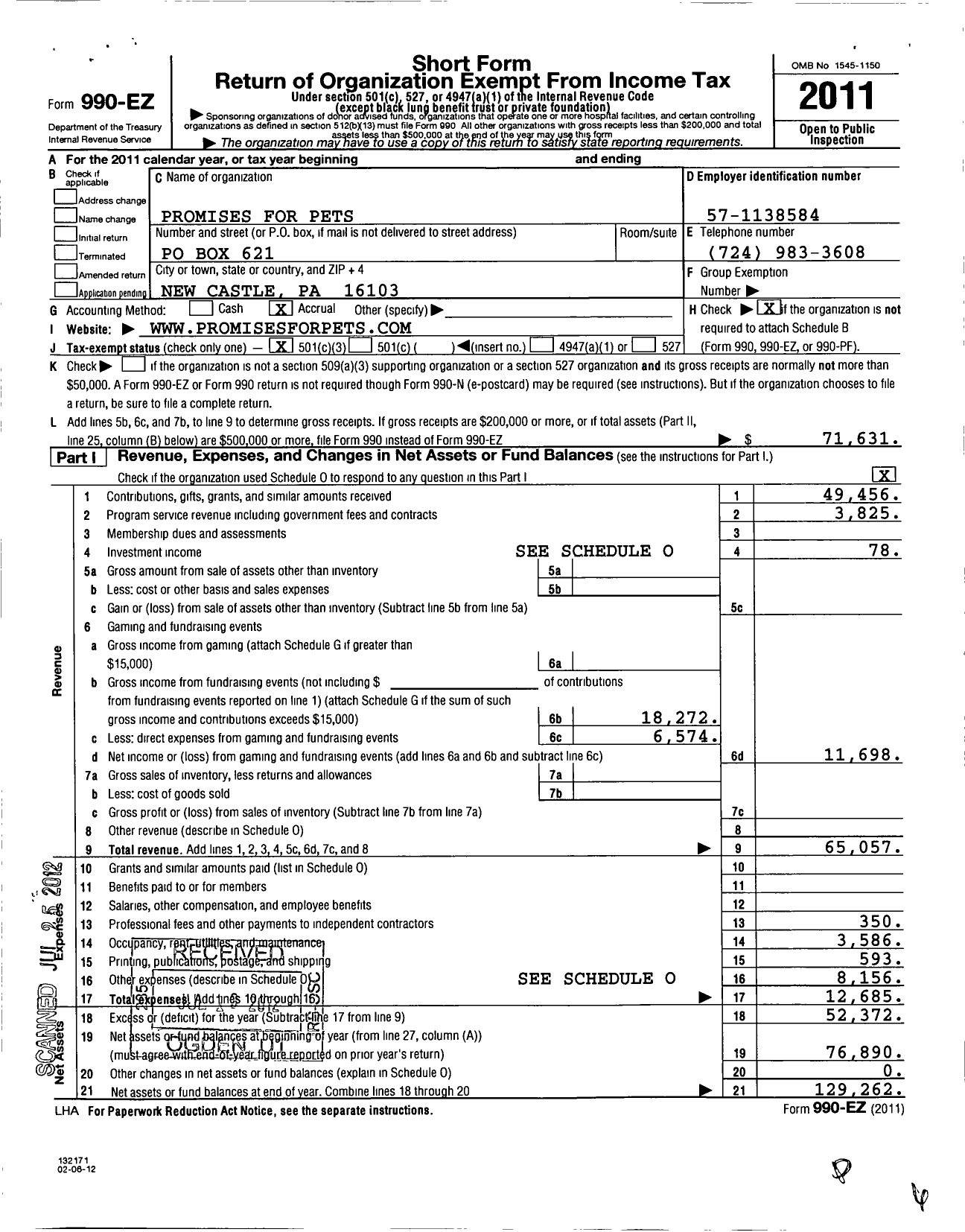 Image of first page of 2011 Form 990EZ for Promises for Pets