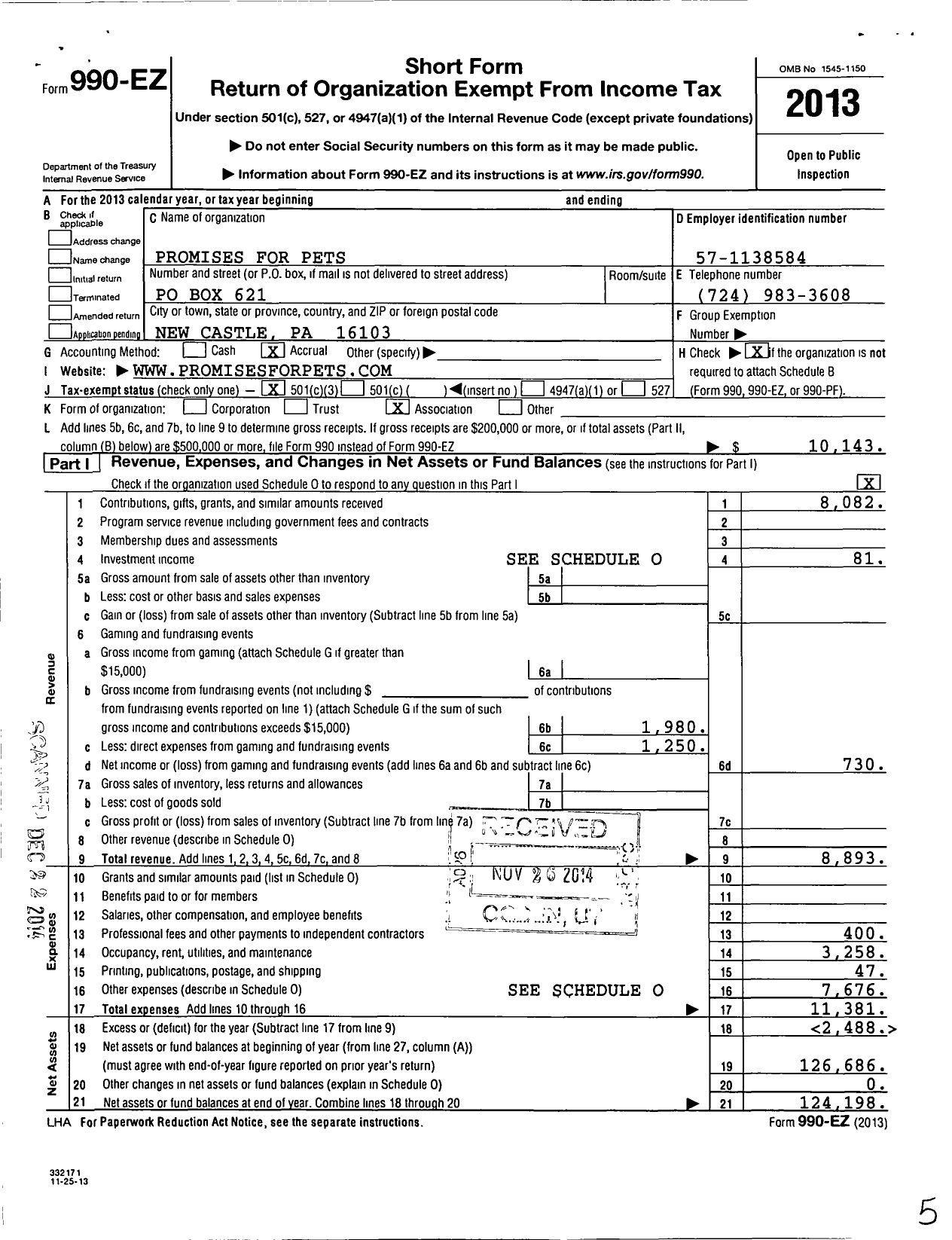 Image of first page of 2013 Form 990EZ for Promises for Pets