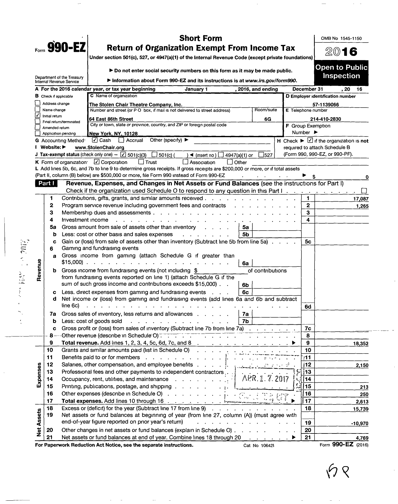 Image of first page of 2016 Form 990EZ for Stolen Chair Theatre Company