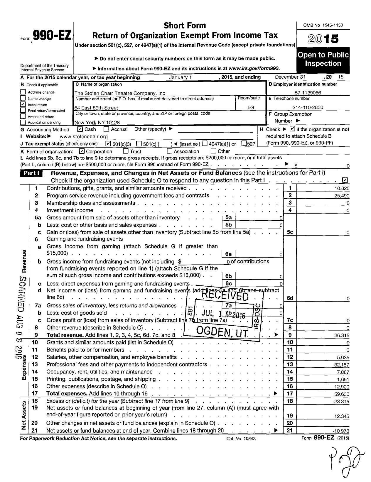 Image of first page of 2015 Form 990EZ for Stolen Chair Theatre Company