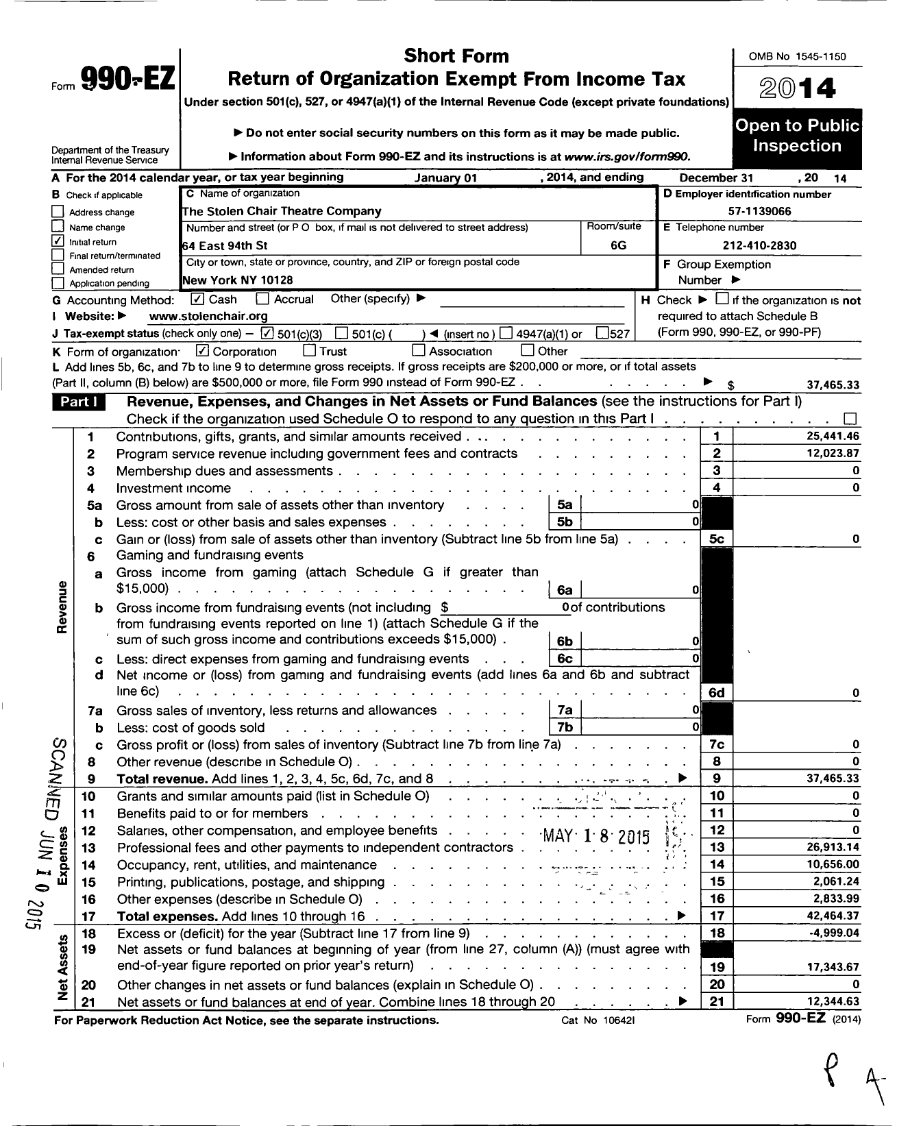 Image of first page of 2014 Form 990EZ for Stolen Chair Theatre Company