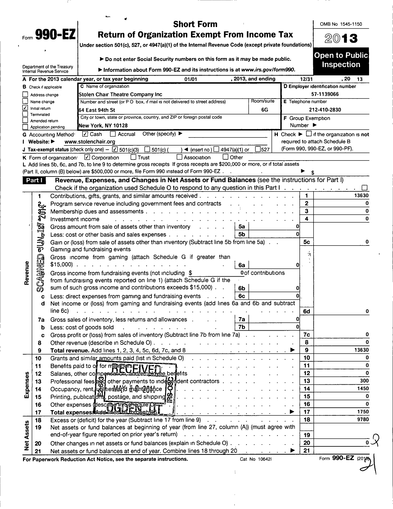 Image of first page of 2013 Form 990EZ for Stolen Chair Theatre Company