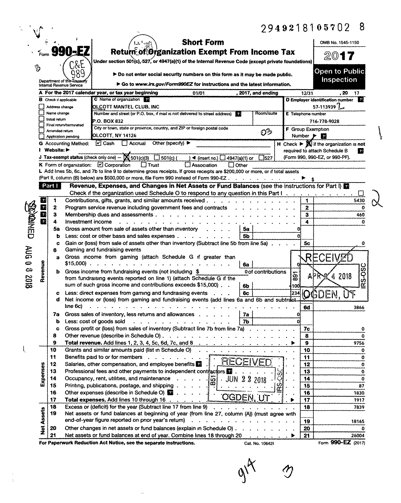 Image of first page of 2017 Form 990EZ for Olcott Mantel Club