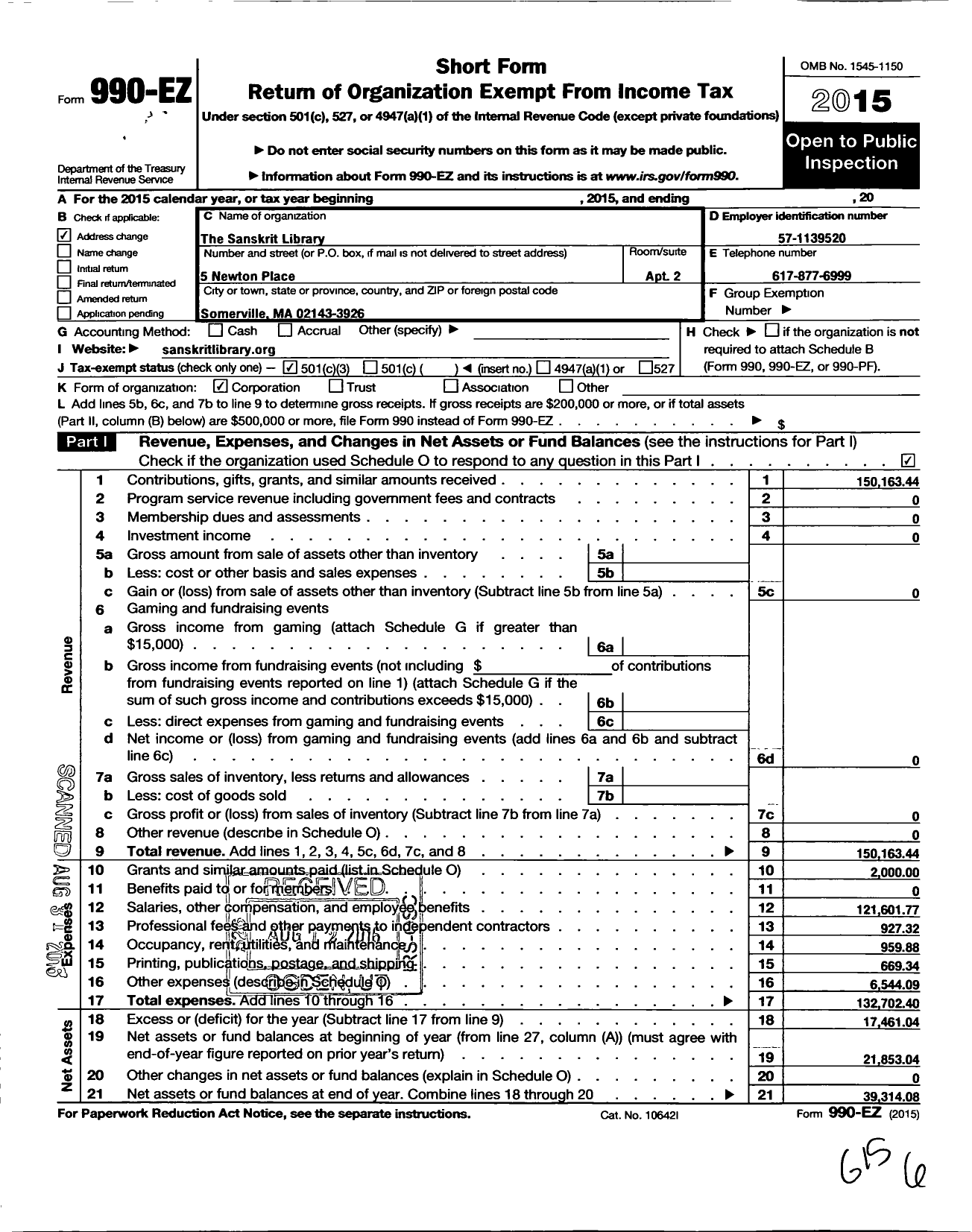 Image of first page of 2015 Form 990EZ for Sanskrit Library