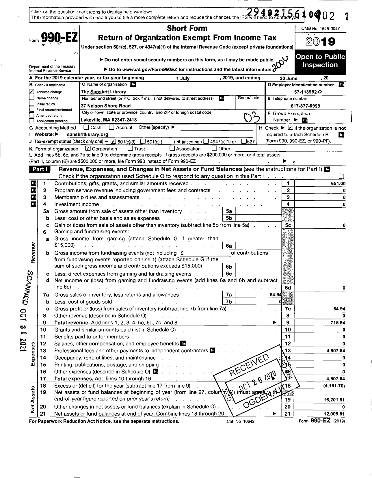 Image of first page of 2019 Form 990EZ for Sanskrit Library