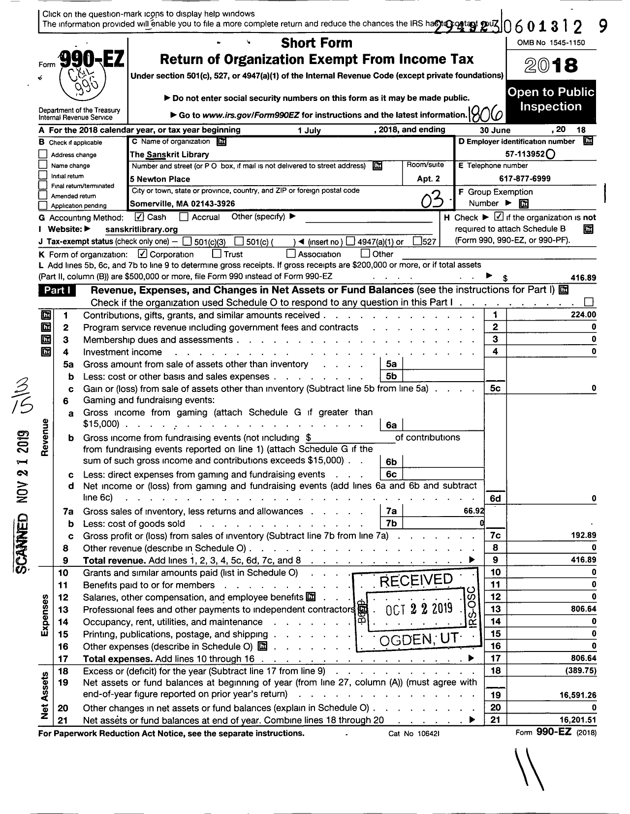 Image of first page of 2017 Form 990EZ for Sanskrit Library