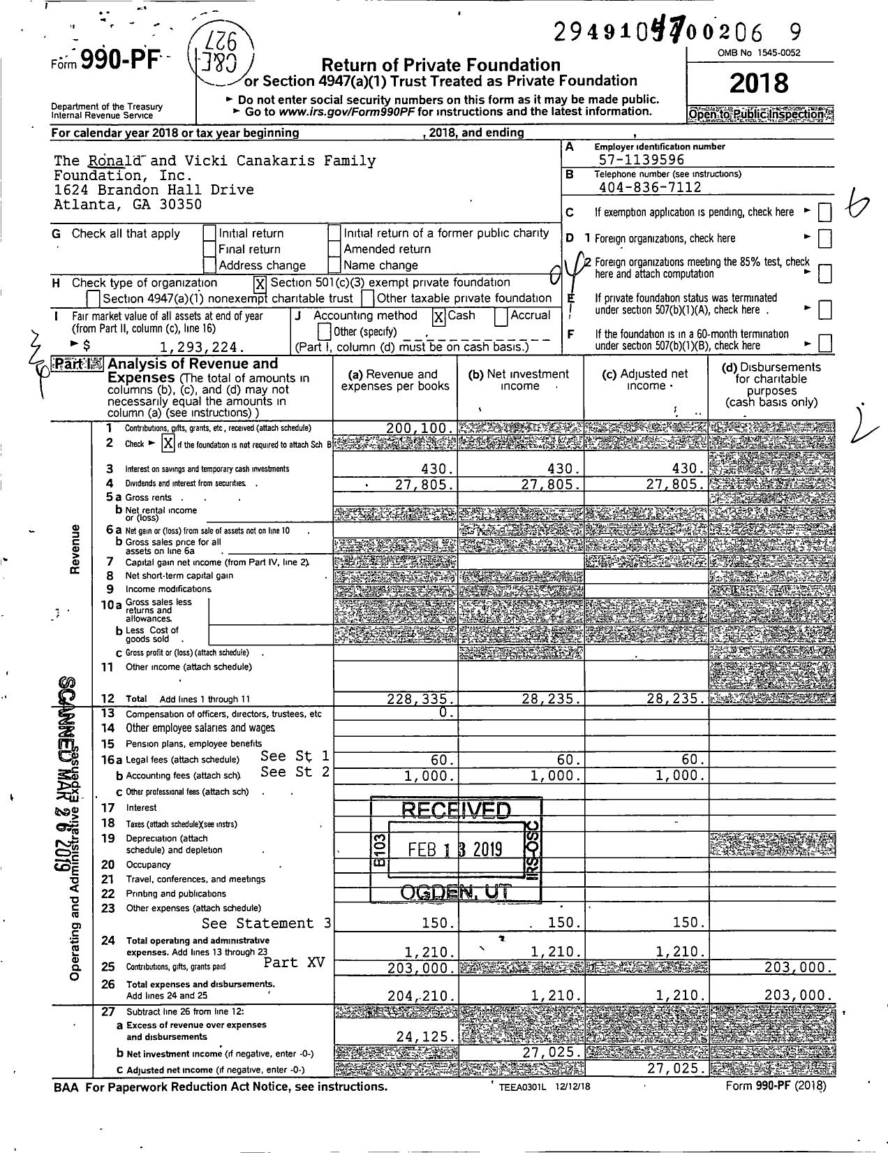 Image of first page of 2018 Form 990PF for The Ronald and Vicki Canakaris Family Foundation