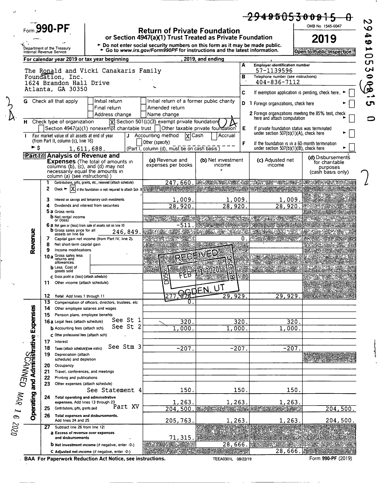 Image of first page of 2019 Form 990PR for The Ronald and Vicki Canakaris Family Foundation