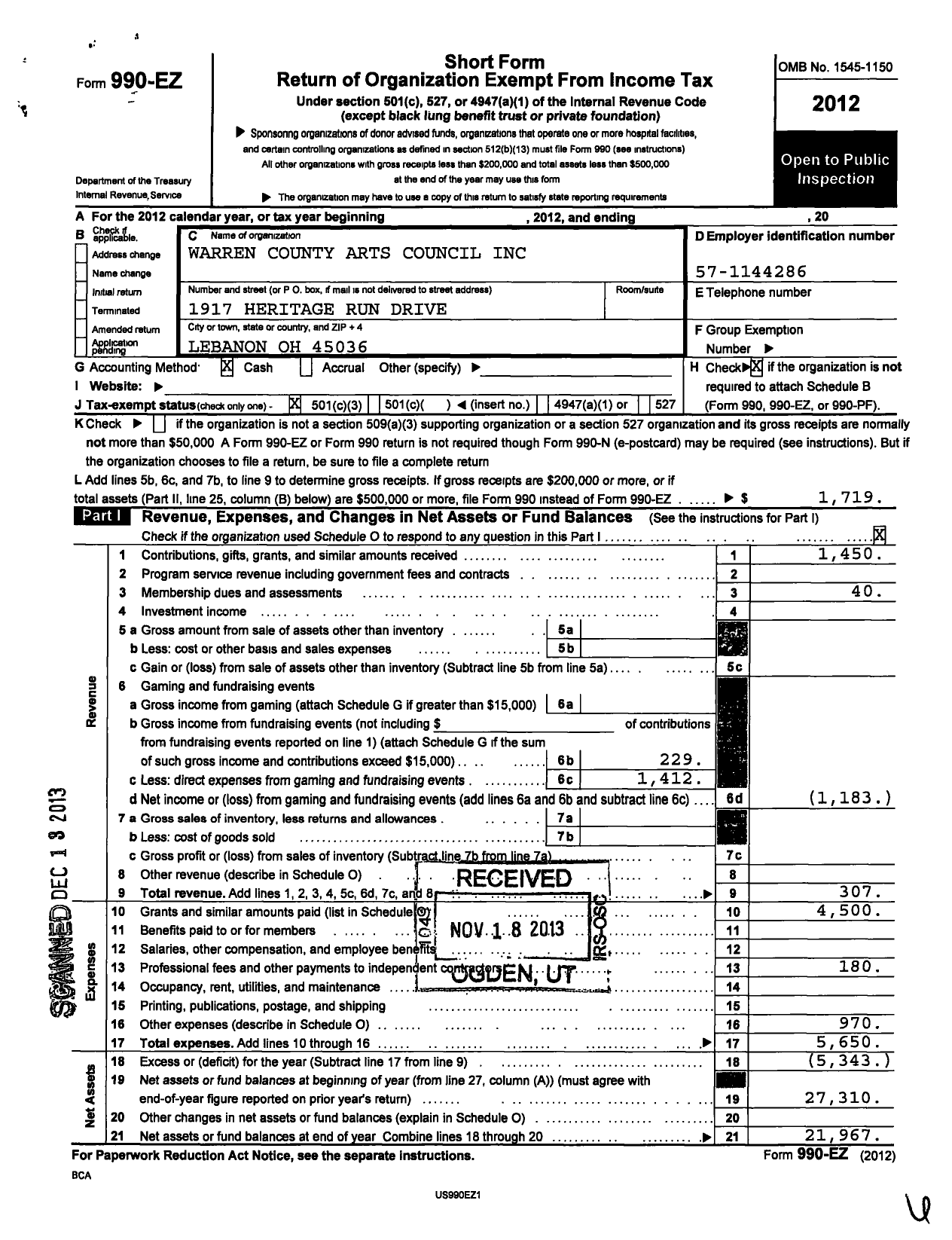 Image of first page of 2012 Form 990EZ for Warren County Arts Council