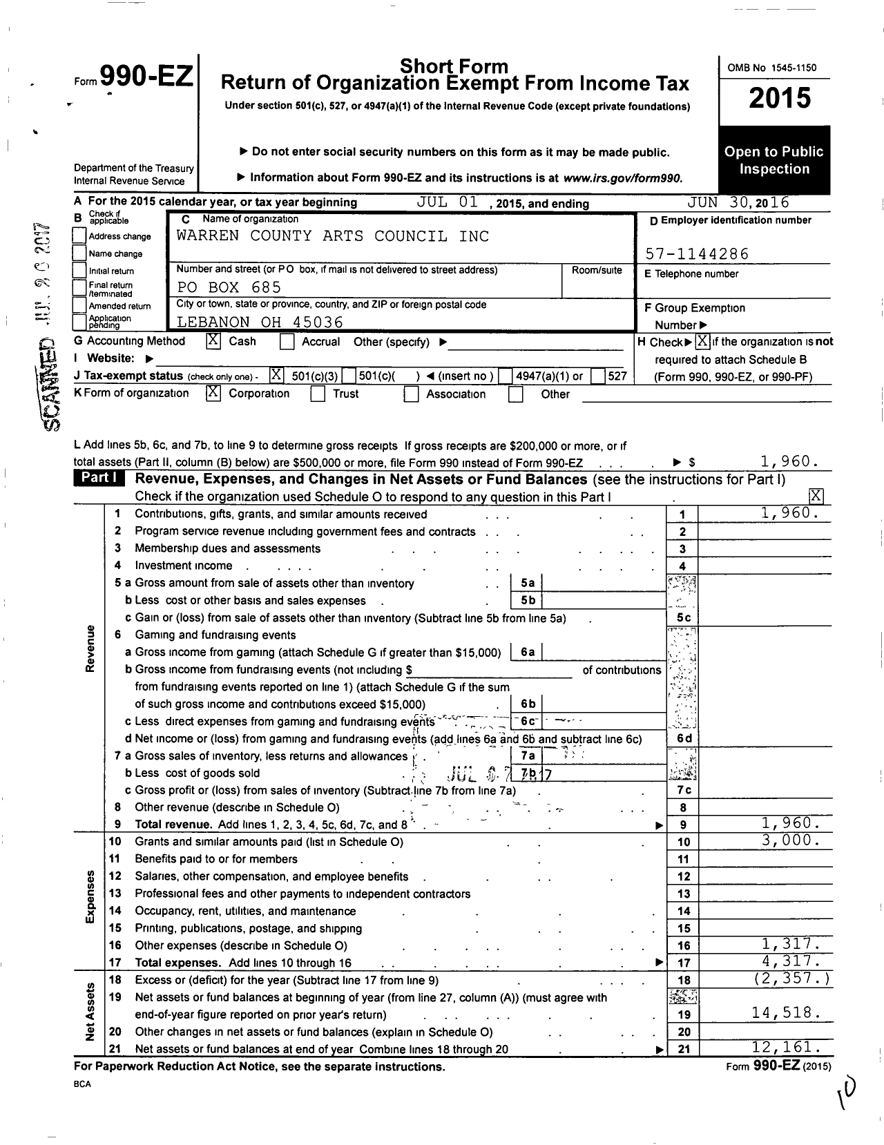 Image of first page of 2015 Form 990EZ for Warren County Arts Council