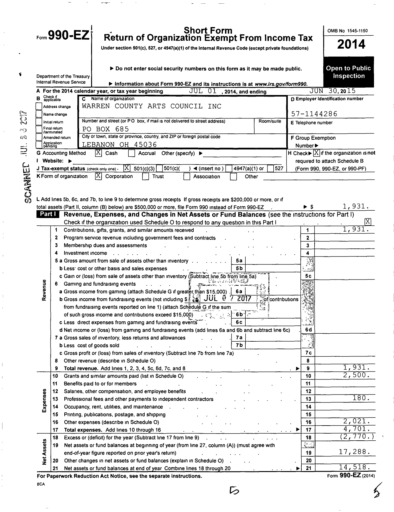 Image of first page of 2014 Form 990EZ for Warren County Arts Council