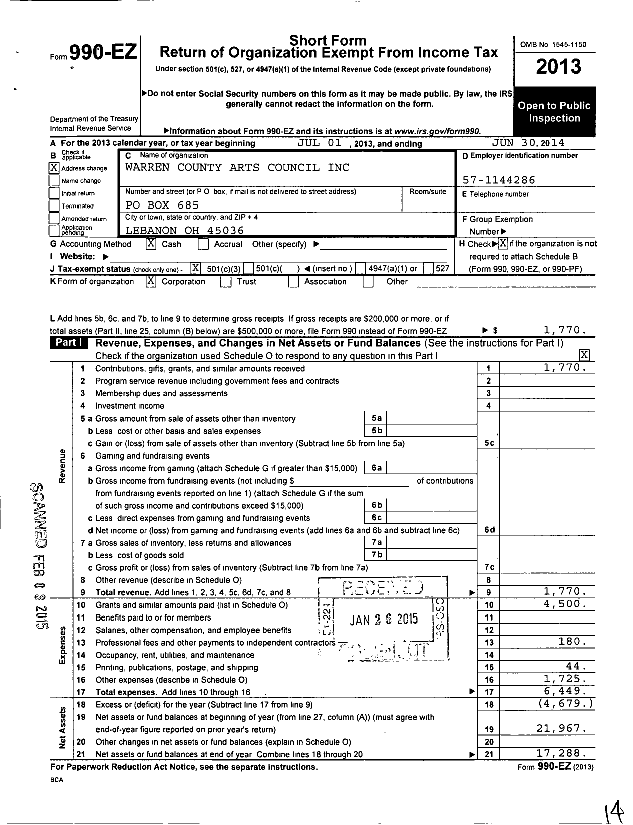 Image of first page of 2013 Form 990EZ for Warren County Arts Council