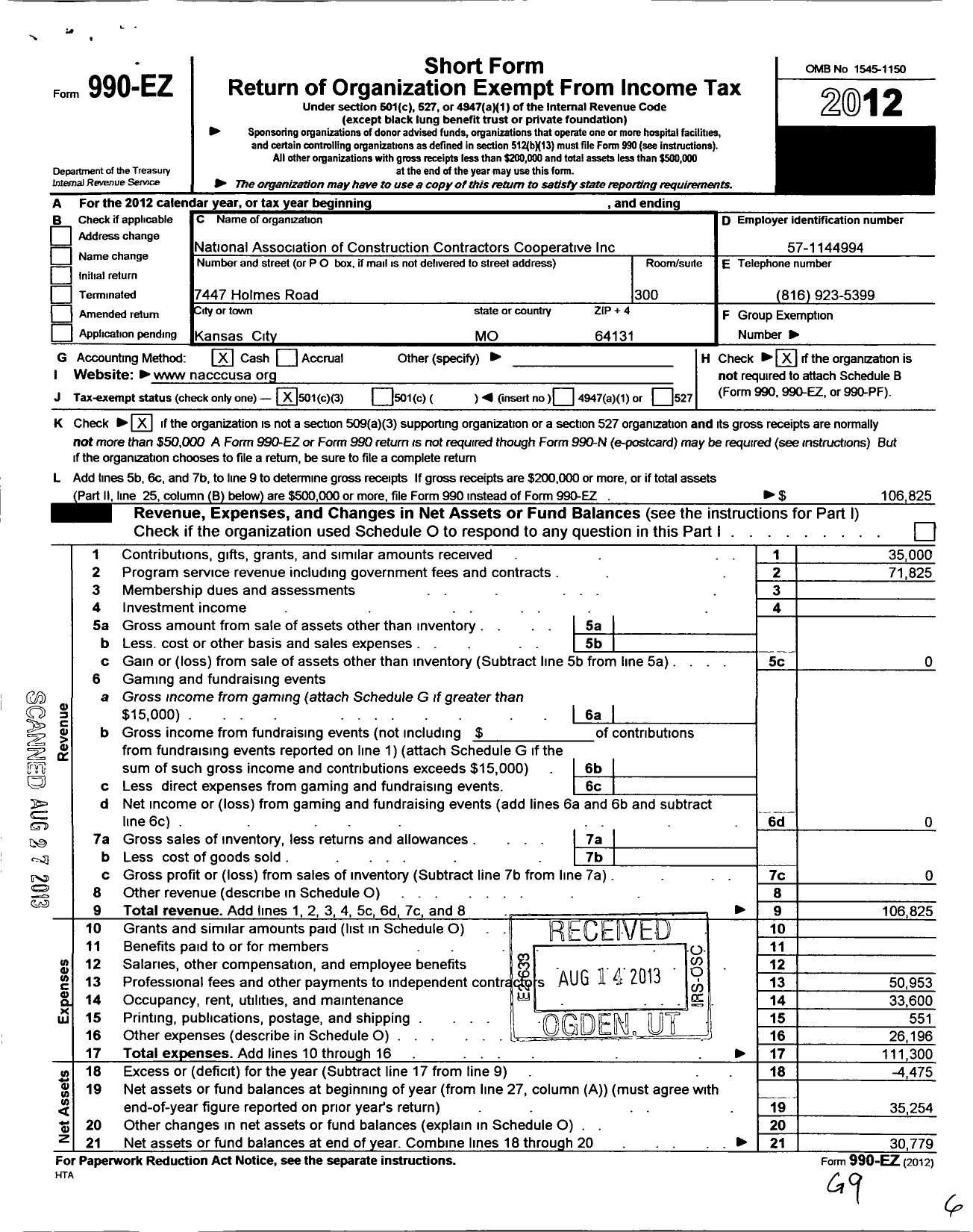 Image of first page of 2012 Form 990EZ for National Association of Construction Contractors Cooperative (NACCC)