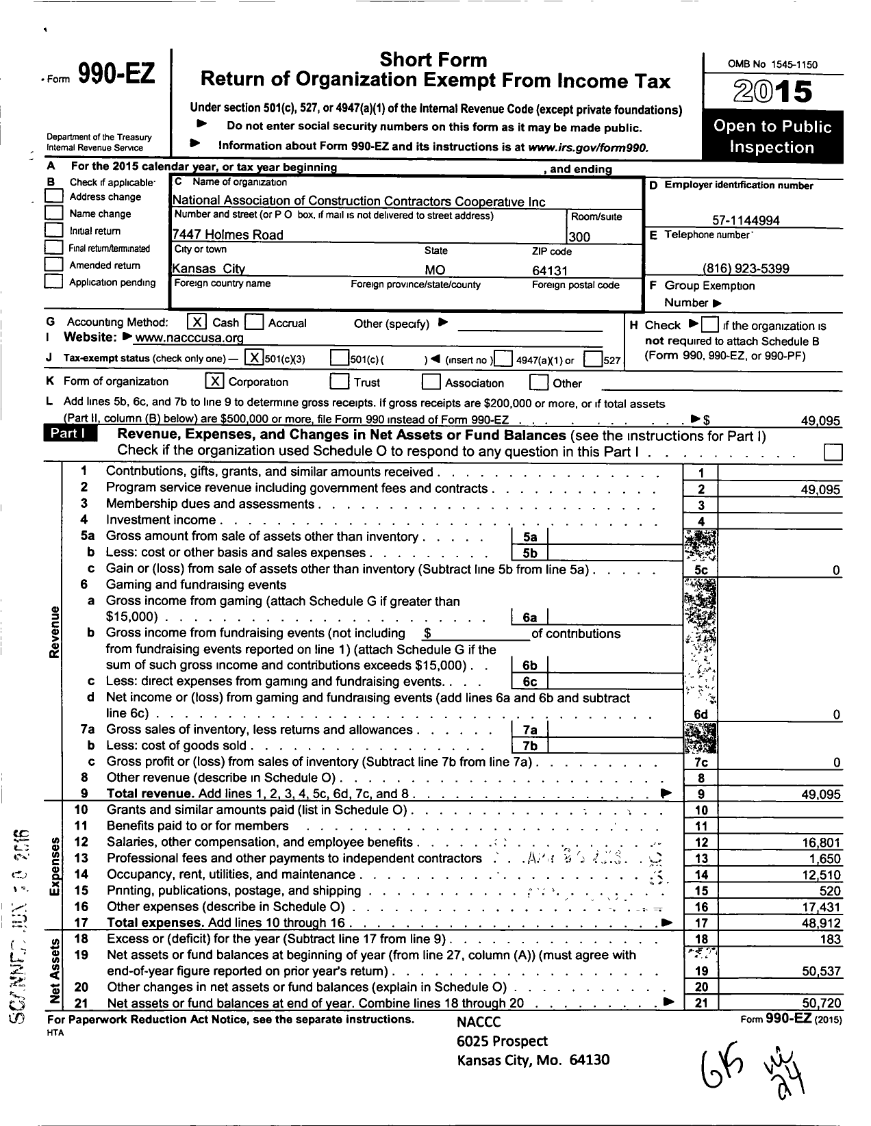 Image of first page of 2015 Form 990EZ for National Association of Construction Contractors Cooperative (NACCC)