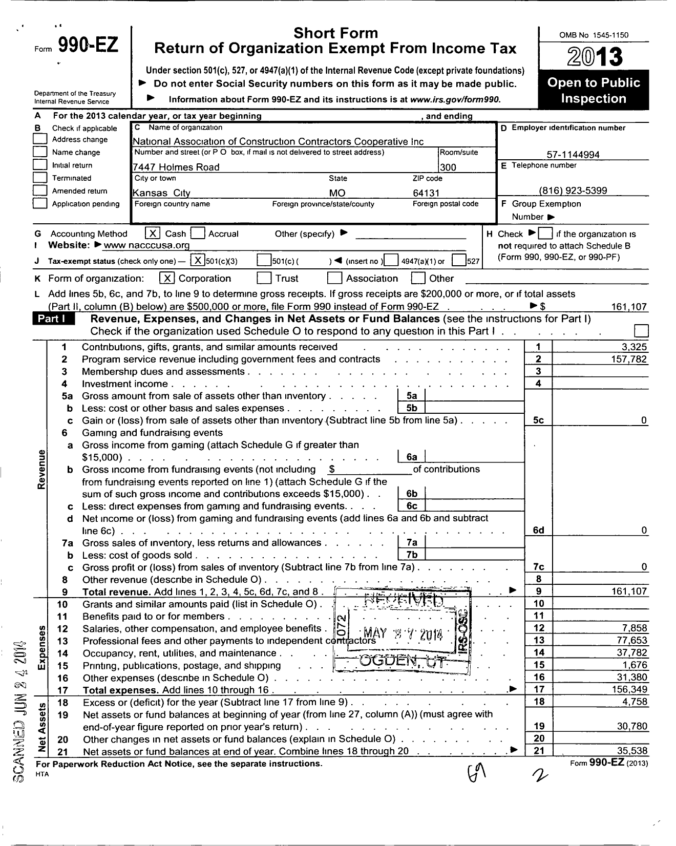 Image of first page of 2013 Form 990EZ for National Association of Construction Contractors Cooperative (NACCC)