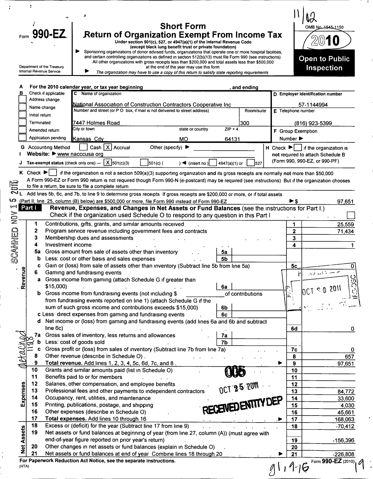 Image of first page of 2010 Form 990EZ for National Association of Construction Contractors Cooperative (NACCC)