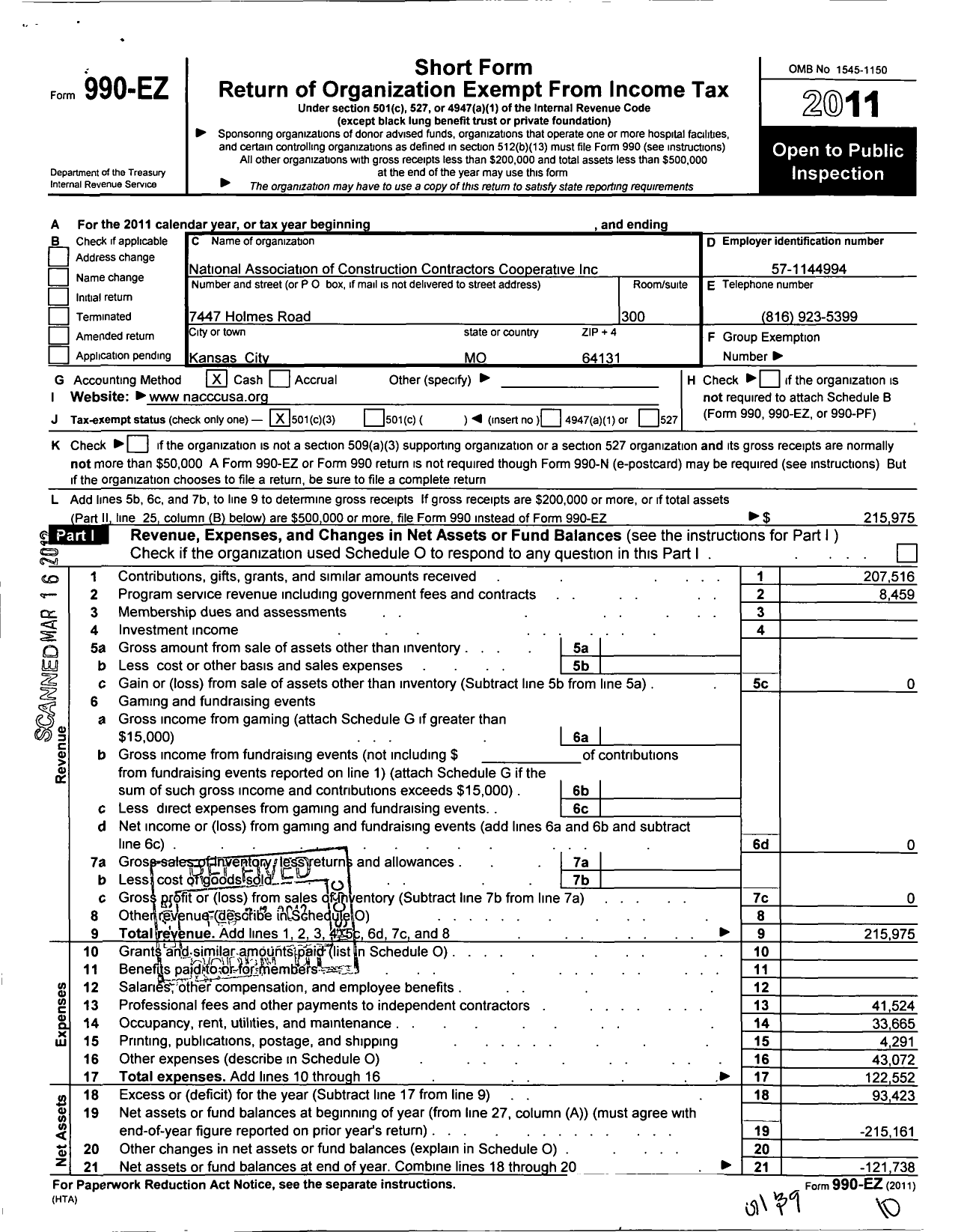 Image of first page of 2011 Form 990EZ for National Association of Construction Contractors Cooperative (NACCC)