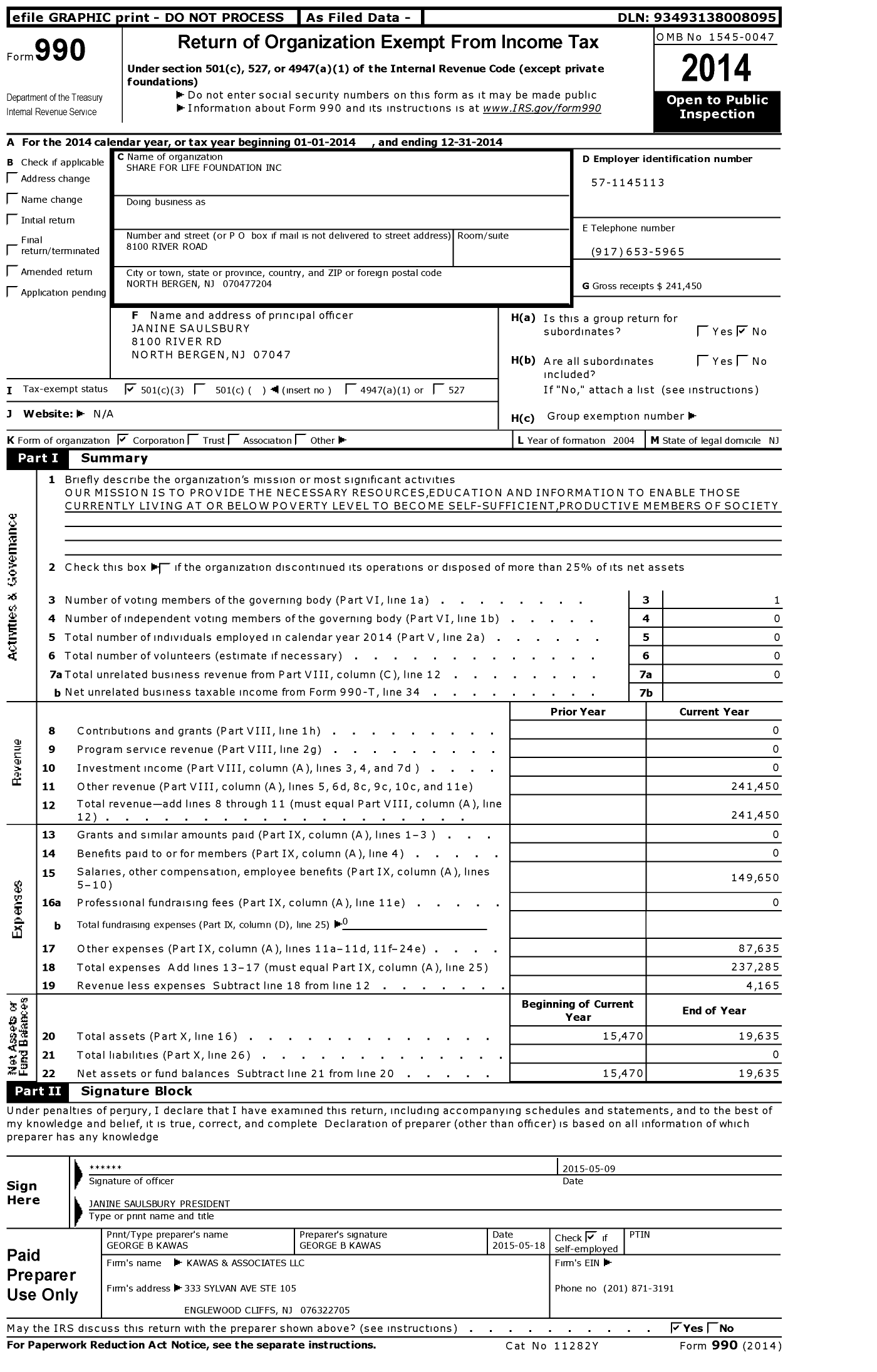 Image of first page of 2014 Form 990 for Share for Life Foundation