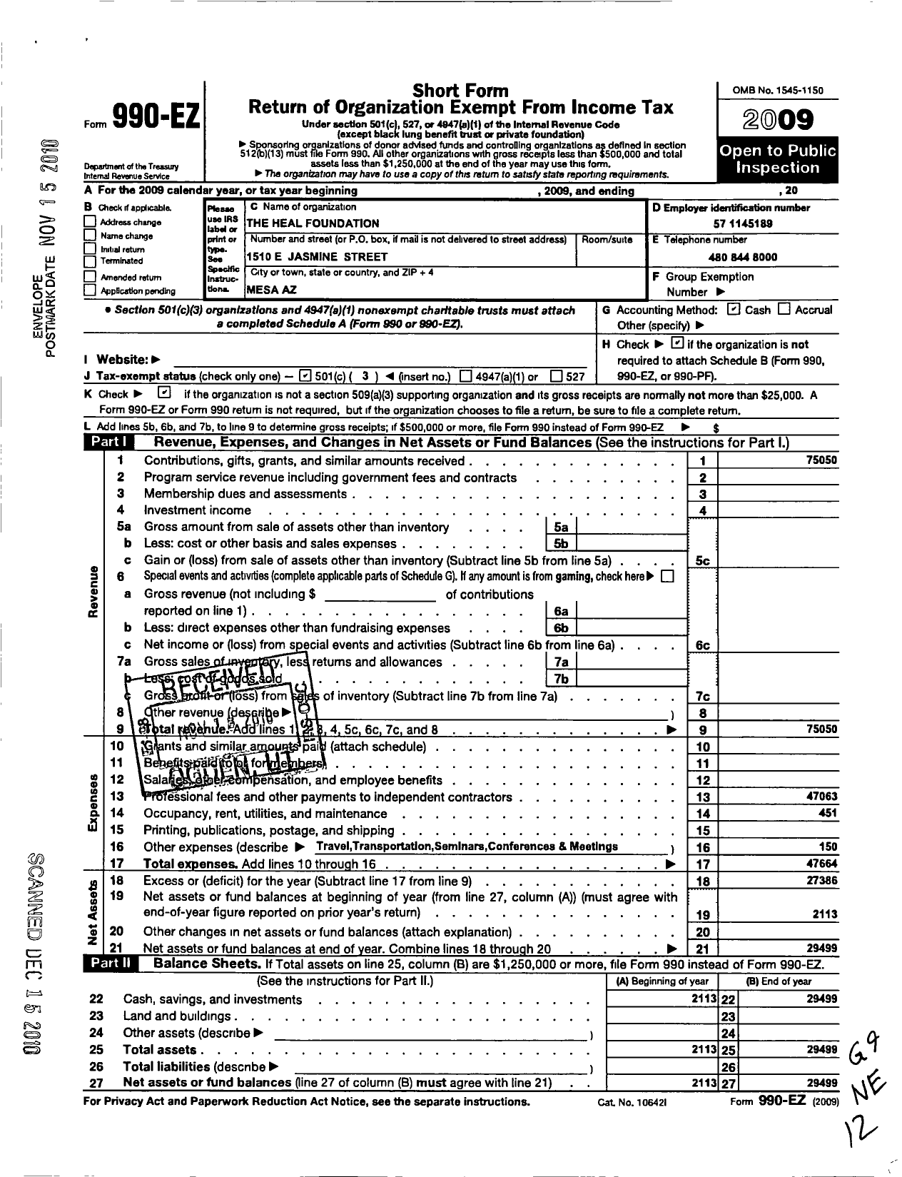 Image of first page of 2009 Form 990EZ for Heal Foundation