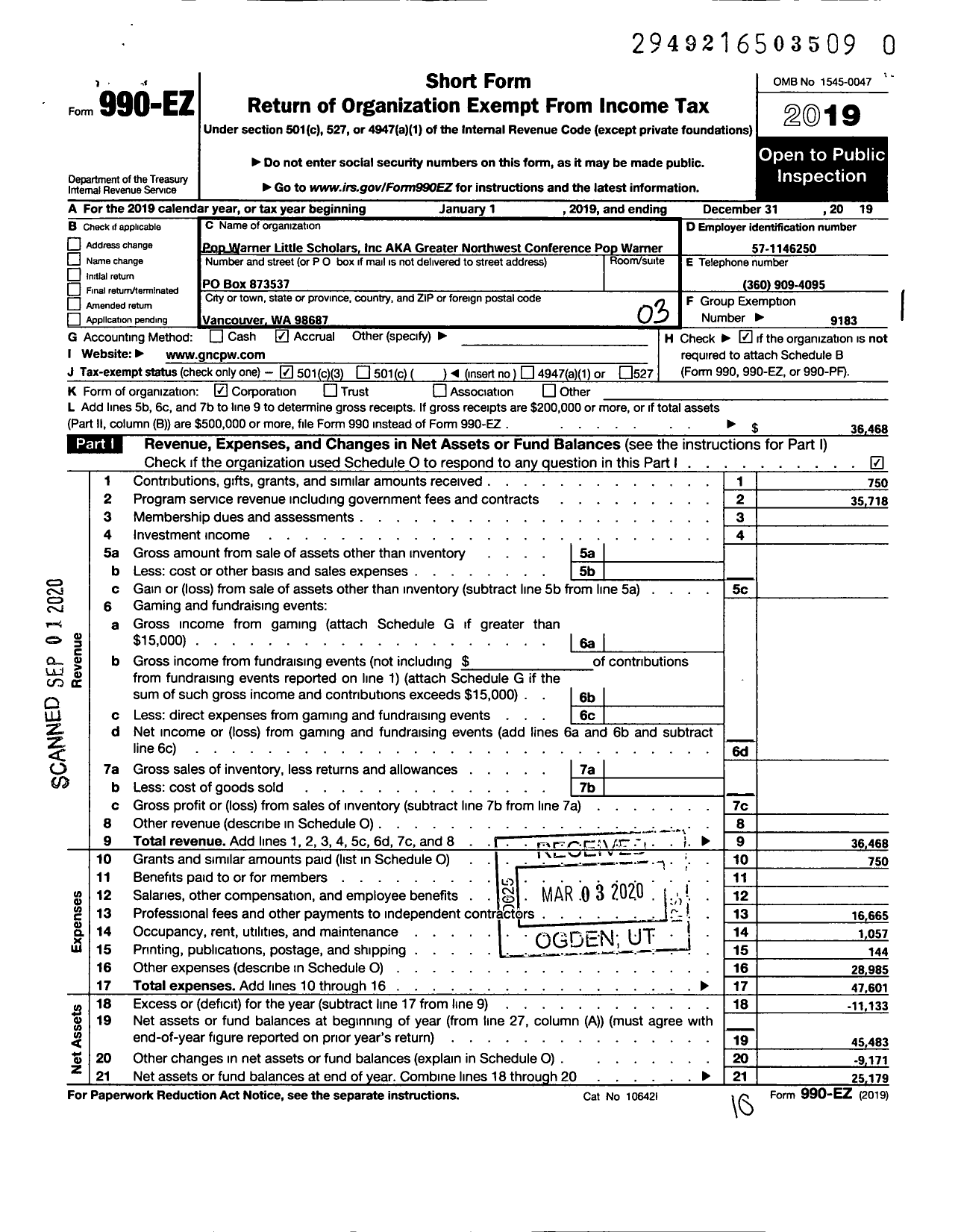 Image of first page of 2019 Form 990EZ for Pop Warner Little Scholars / Greater Northwest Conference Pop Warner