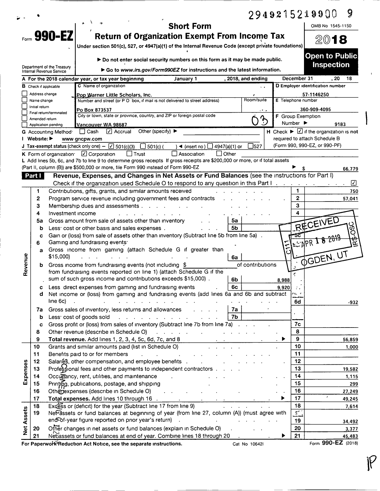 Image of first page of 2018 Form 990EZ for Pop Warner Little Scholars / Greater Northwest Conference Pop Warner