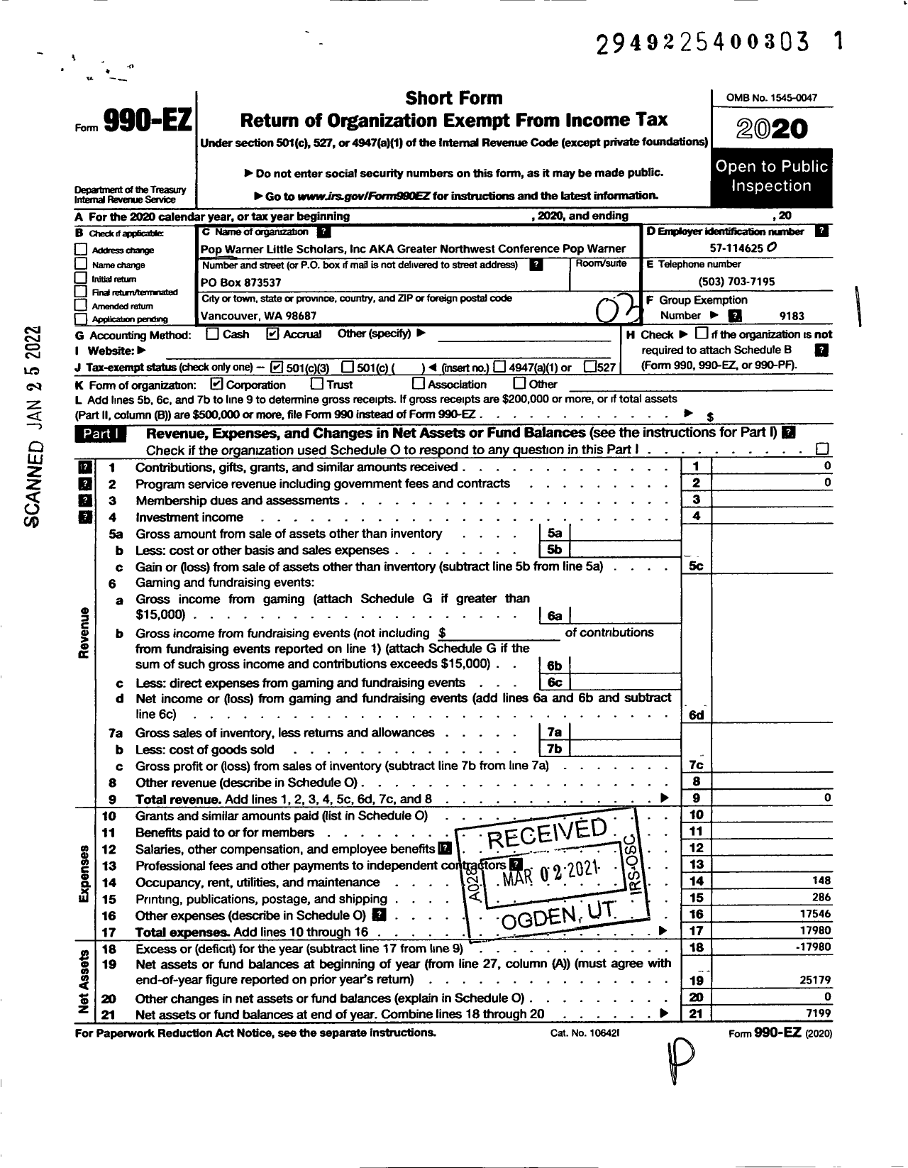 Image of first page of 2020 Form 990EZ for Pop Warner Little Scholars / Greater Northwest Conference Pop Warner