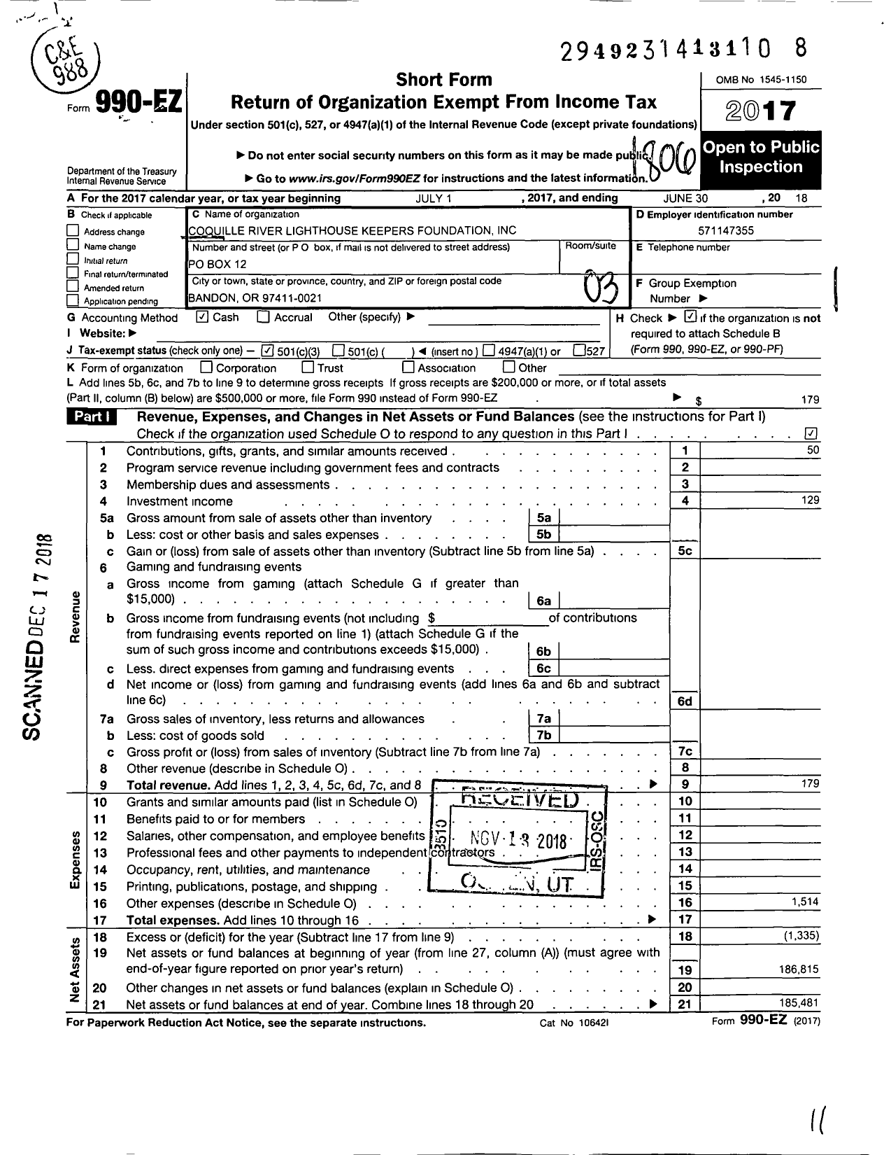 Image of first page of 2017 Form 990EZ for Coquille River Lighthouse Keepers Foundation