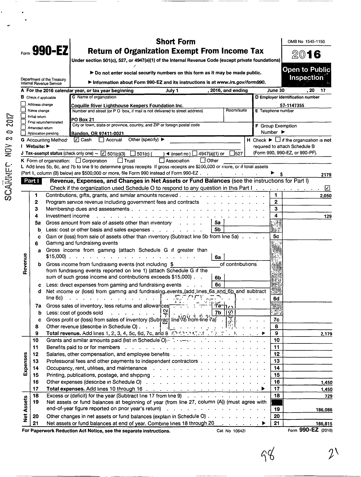 Image of first page of 2016 Form 990EZ for Coquille River Lighthouse Keepers Foundation