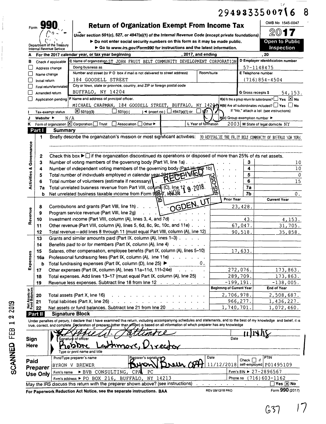 Image of first page of 2017 Form 990 for St John Fruit Belt Community Development Corporation